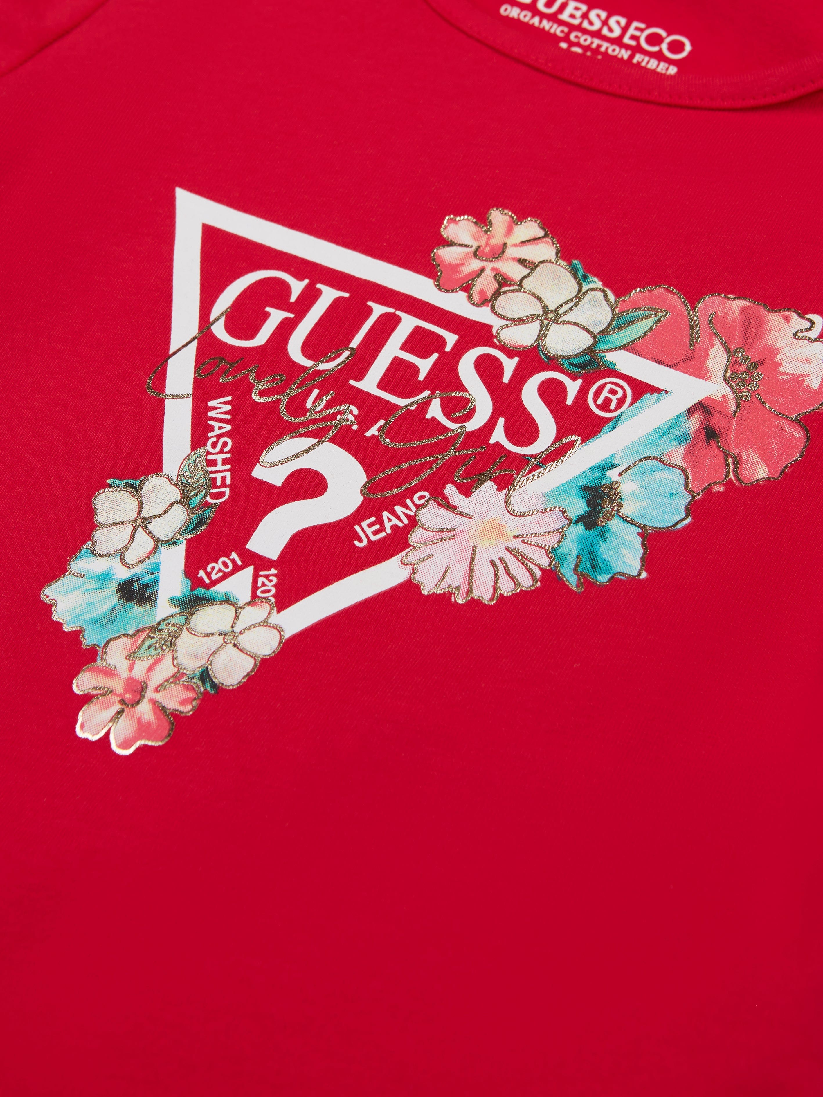 Guess Girls Floral Logo T-Shirt in Red