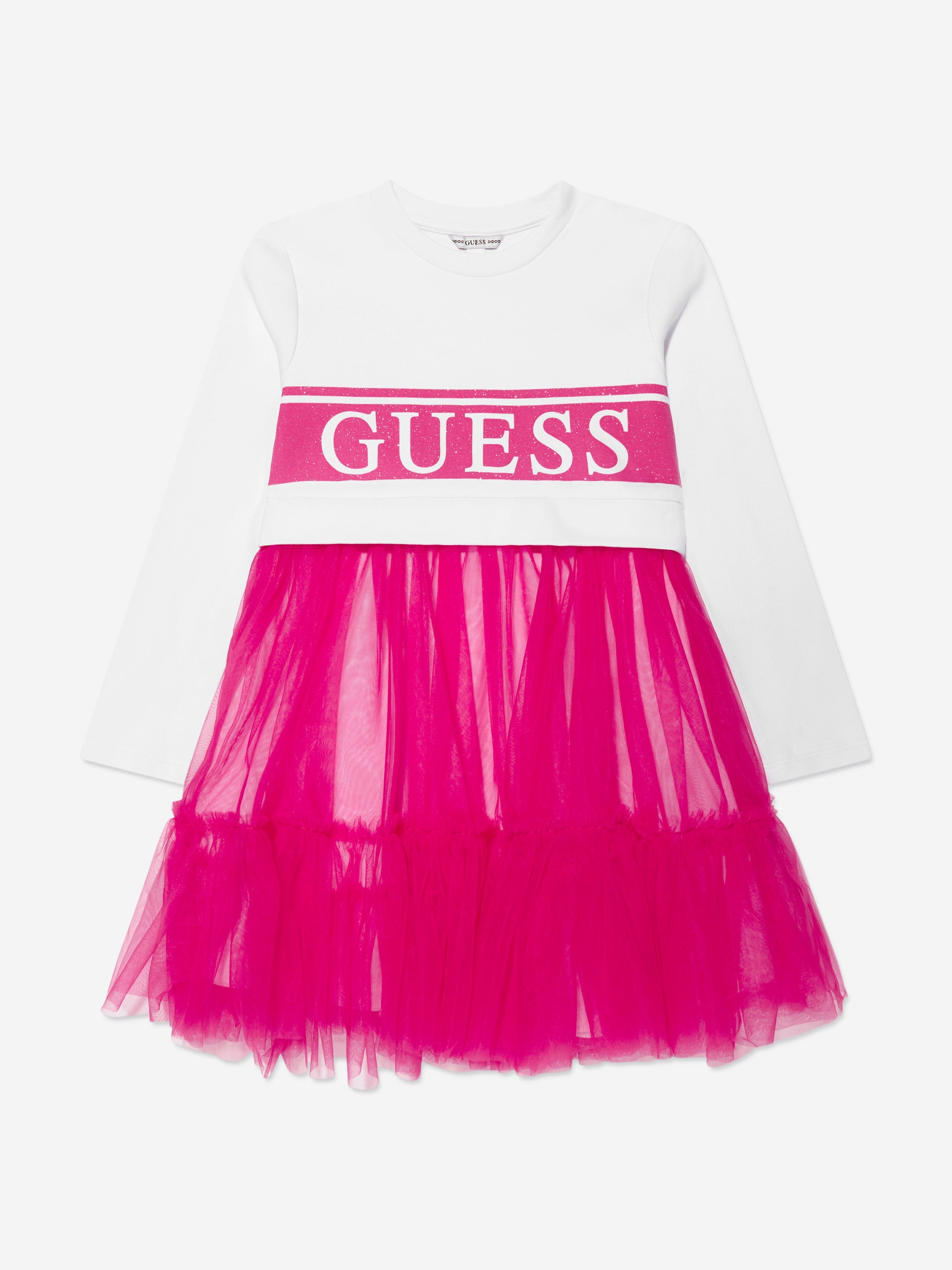 Guess Girls Mixed Fabric Dress in White