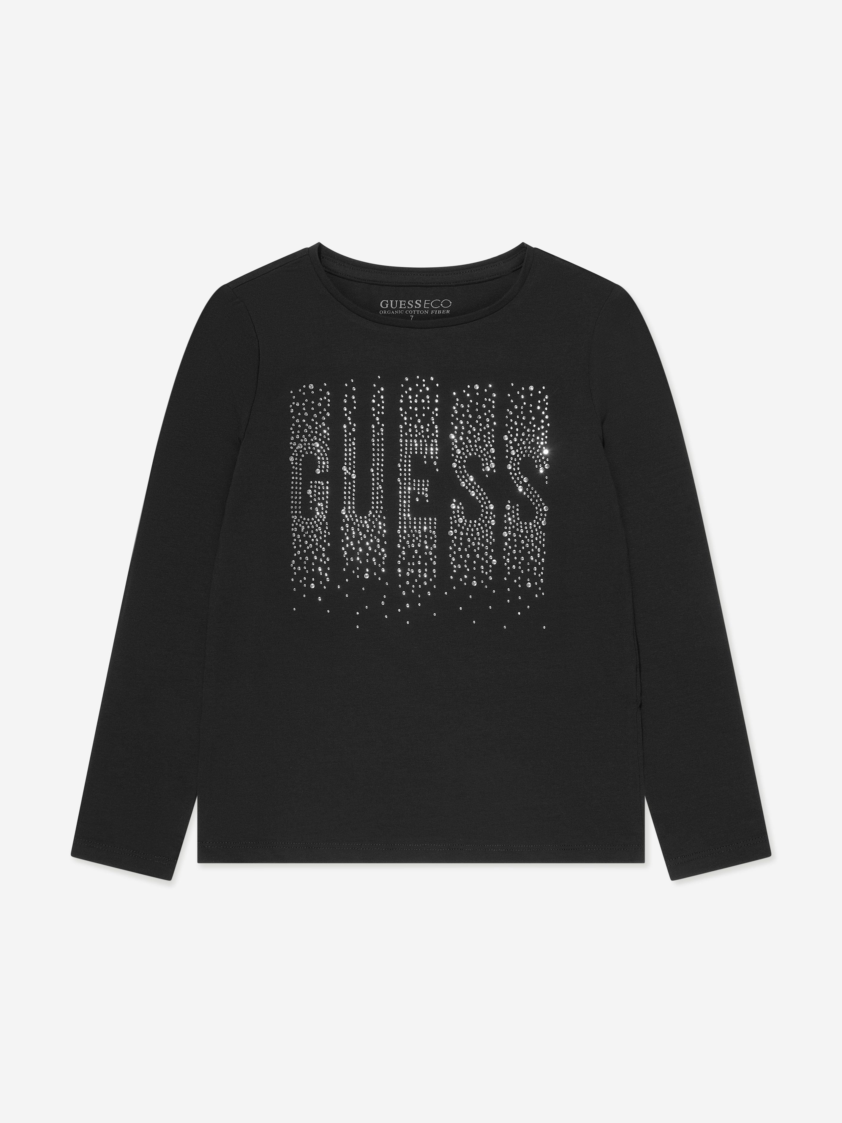 Guess Girls Long Sleeve Diamante T-Shirt in Black