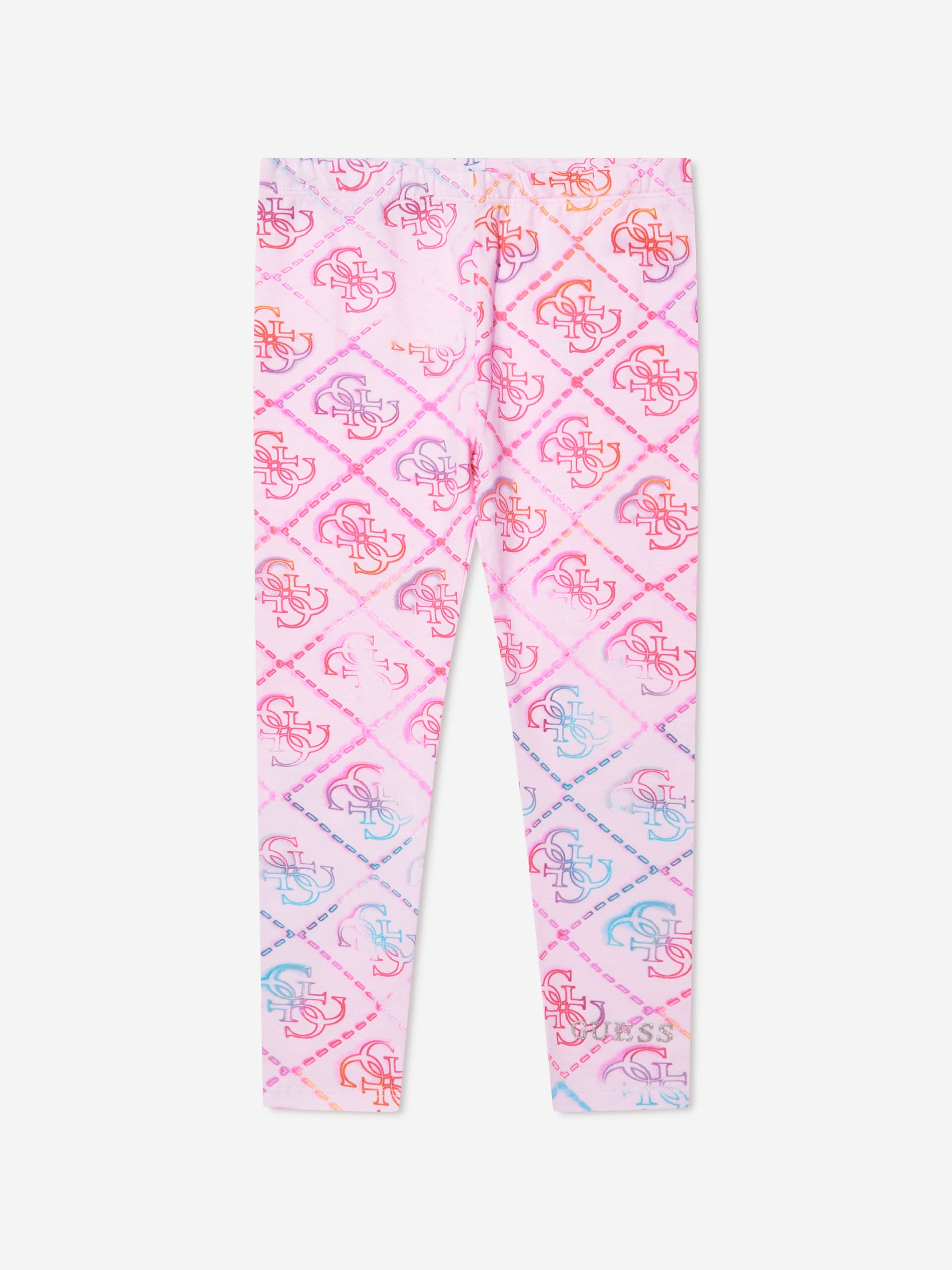 Guess Girls Logo Print Leggings In Pink