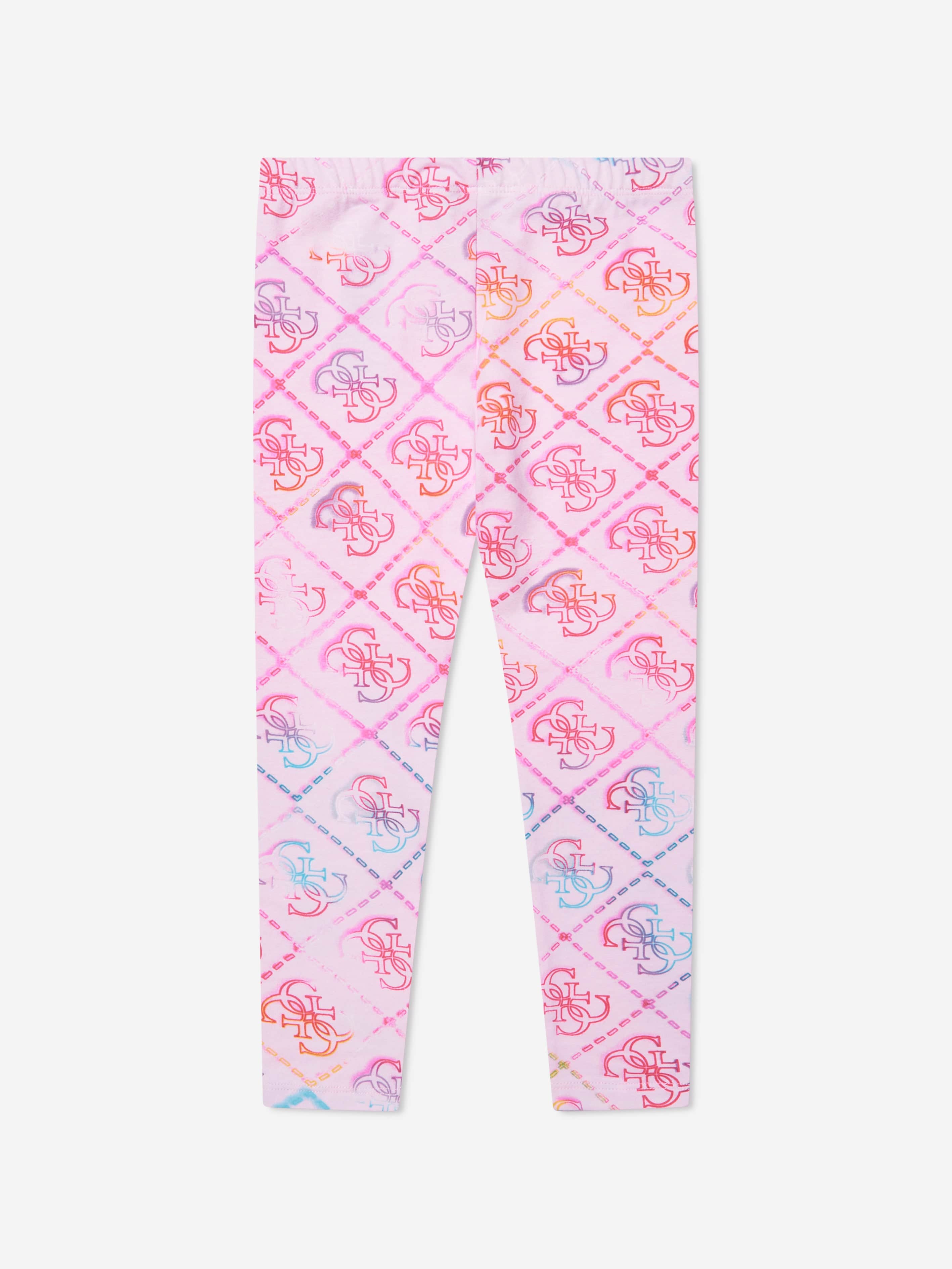 Guess Girls Logo Print Leggings In Pink