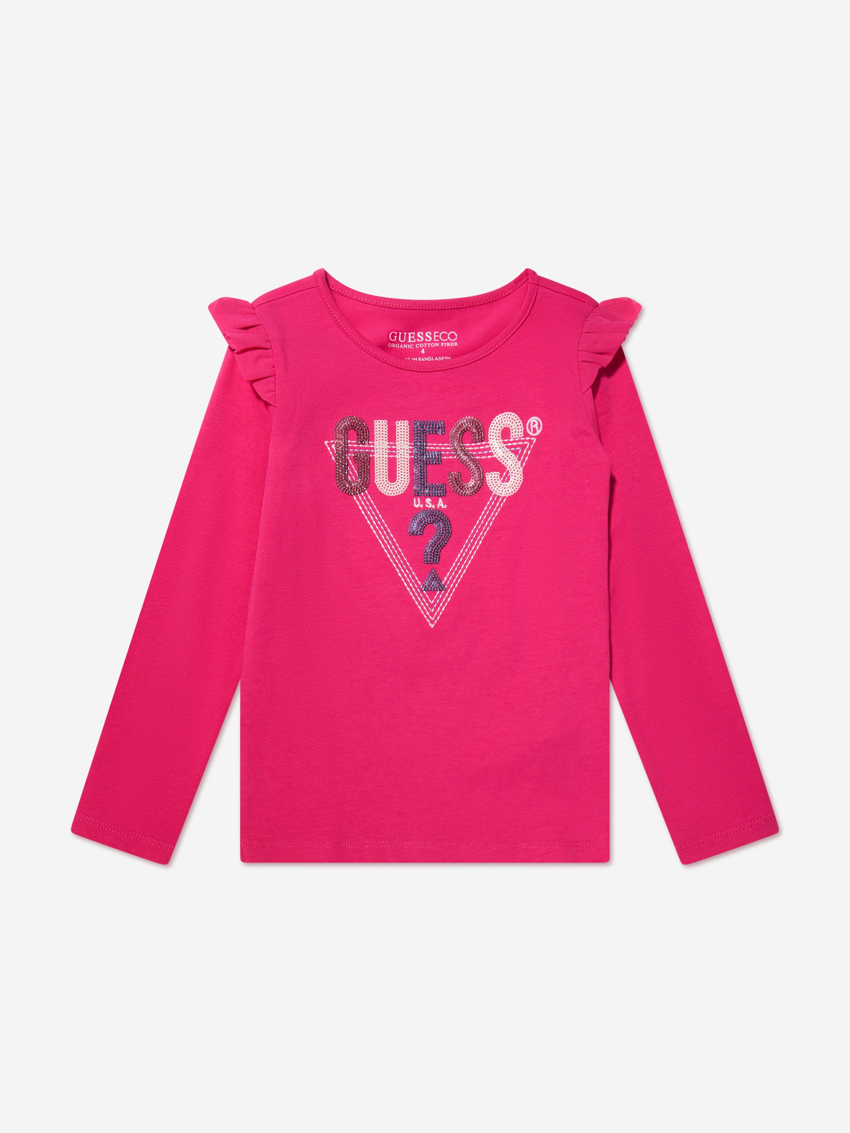 Guess Girls Long Sleeve Shoulder Frill T-Shirt in Pink