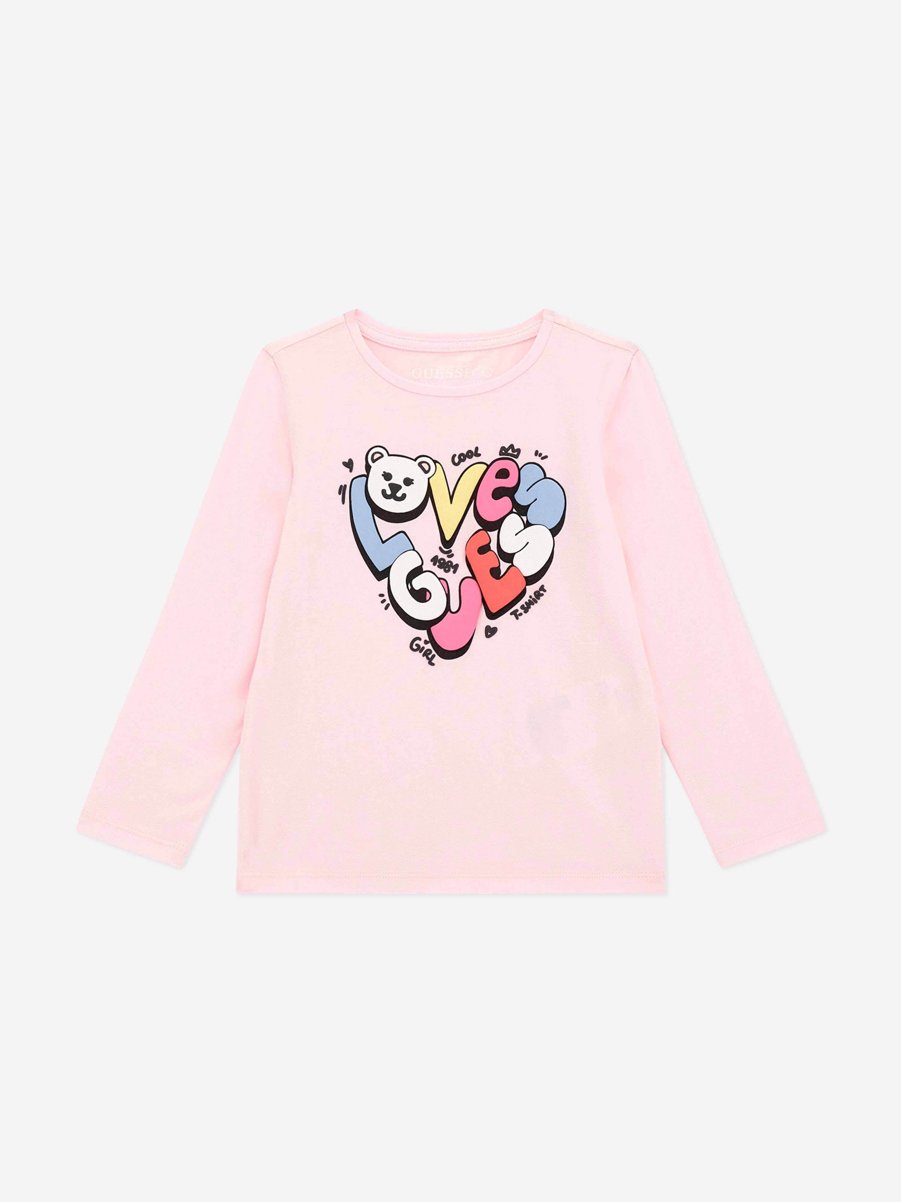 Guess Girls Long Sleeve Heart Logo T-Shirt in Pink