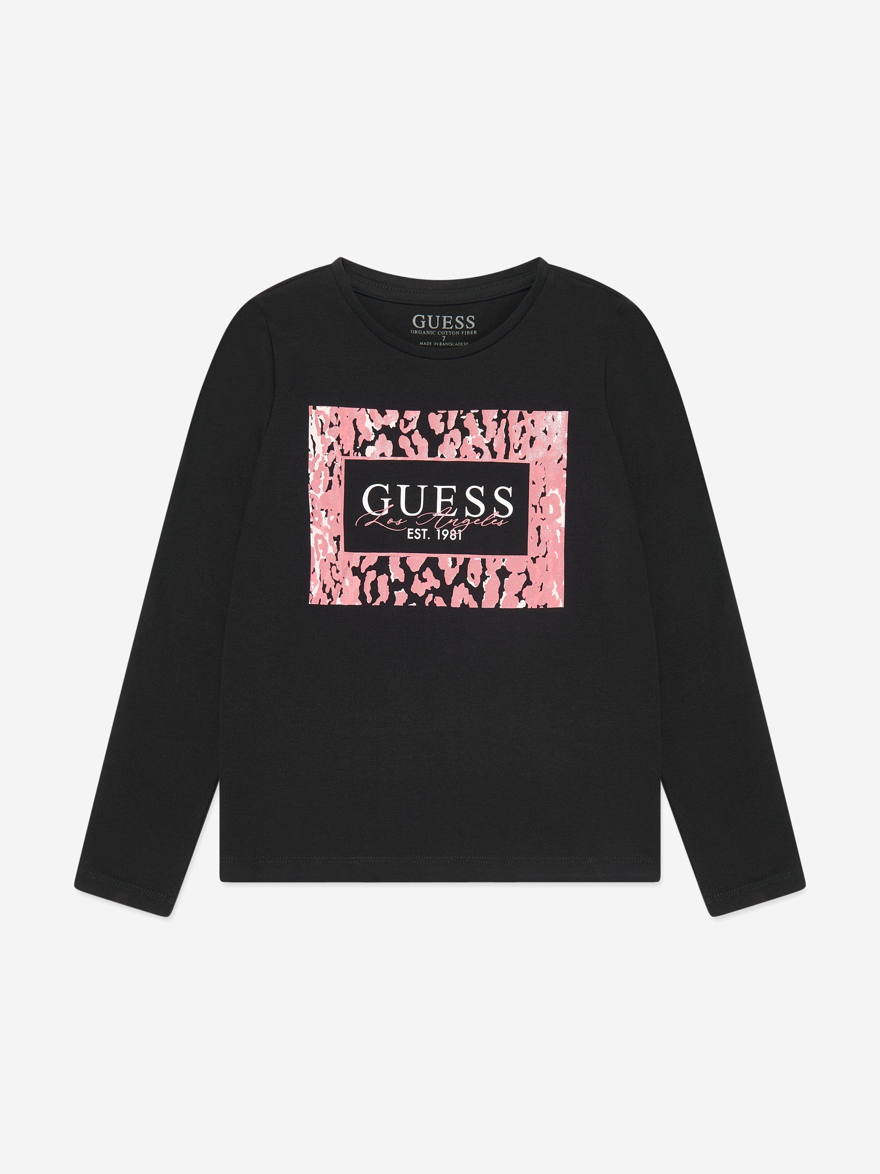 Guess Girls Long Sleeve Glitter Logo T-Shirt in Black