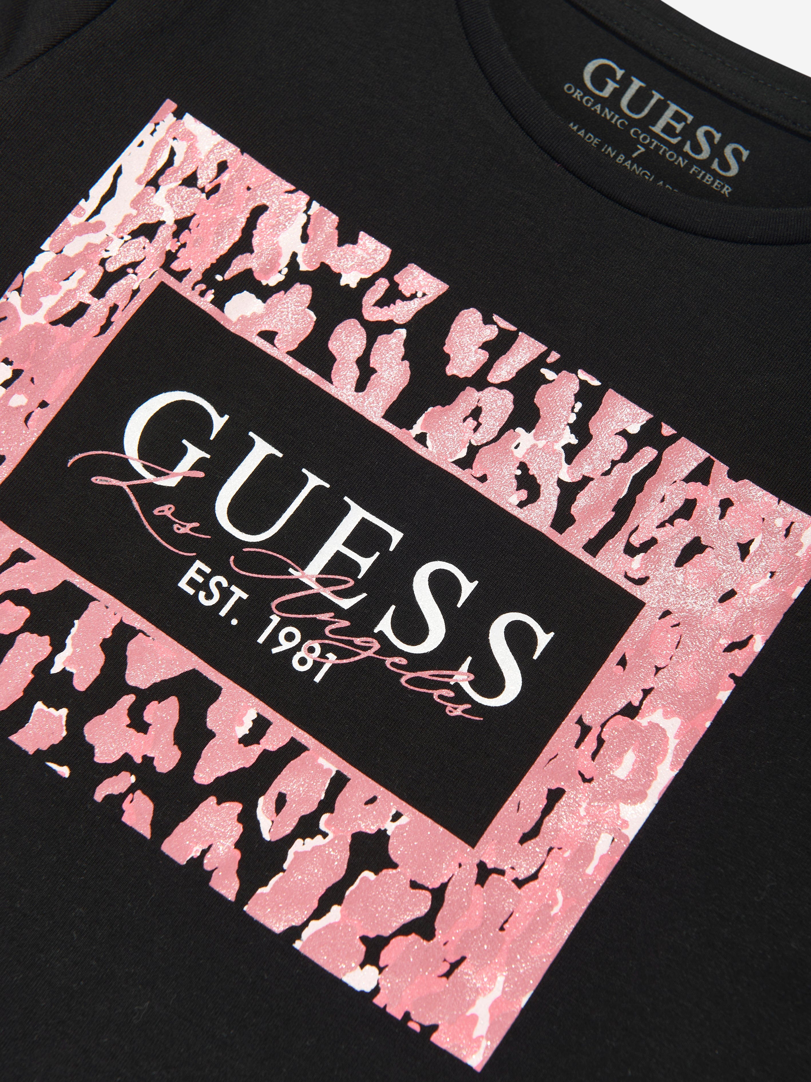 Guess Girls Long Sleeve Glitter Logo T-Shirt in Black