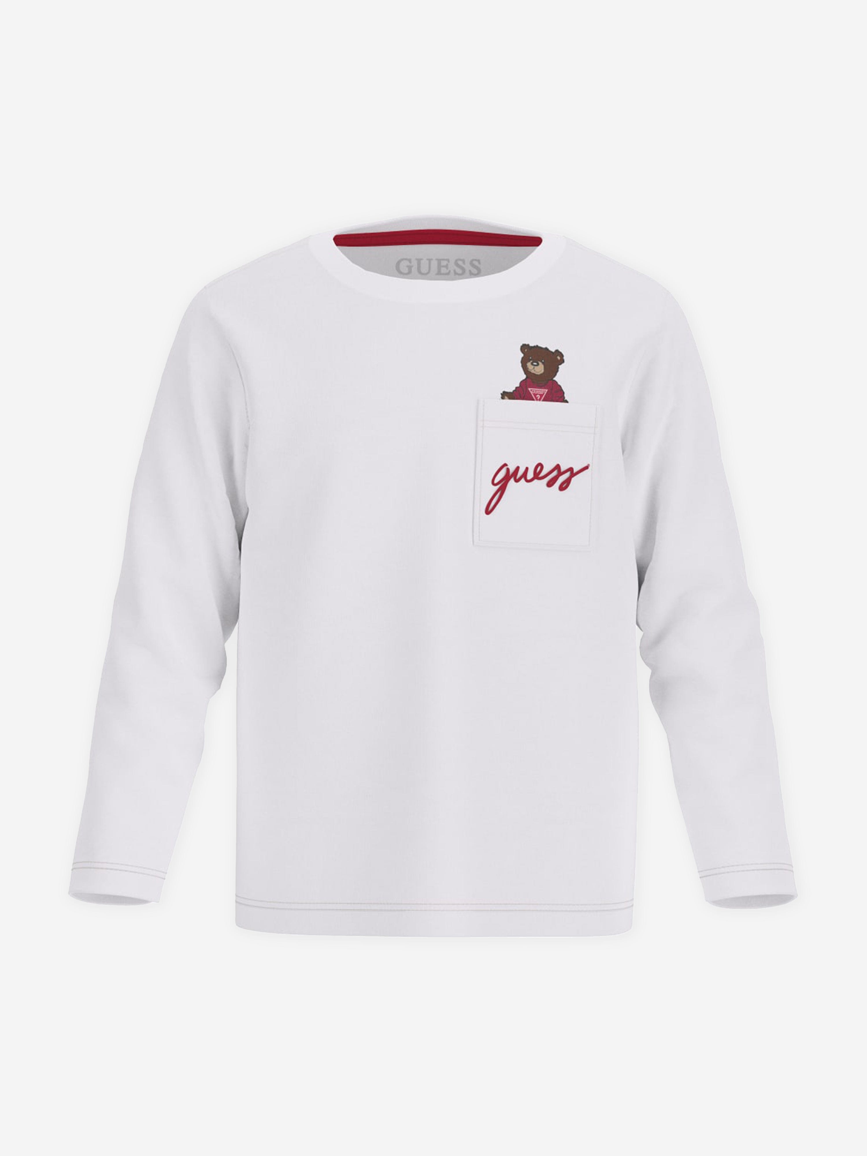 Guess Boys Long Sleeve Bear Pocket T-Shirt in White