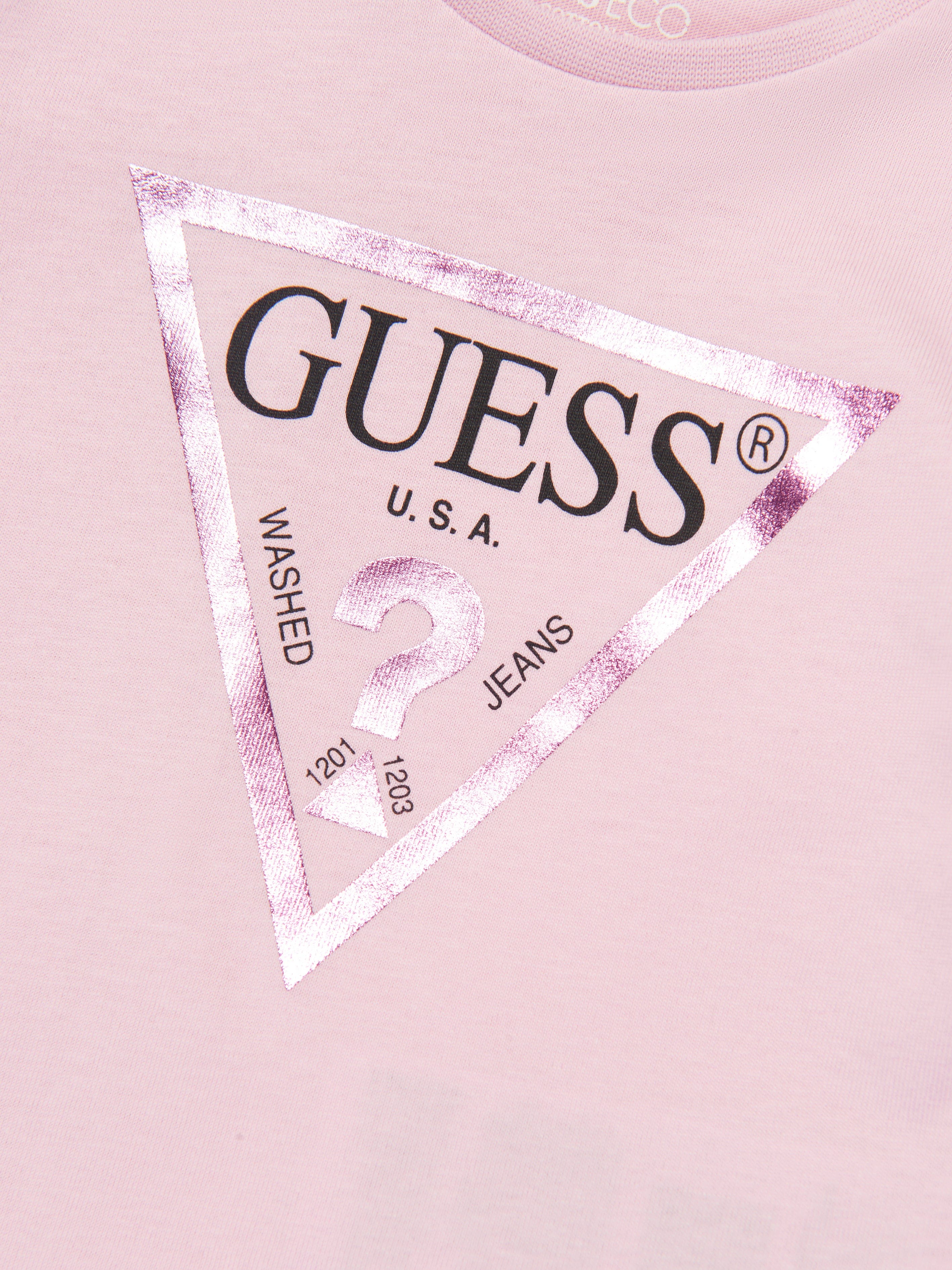 Guess Girls Logo Print T-Shirt in Pink