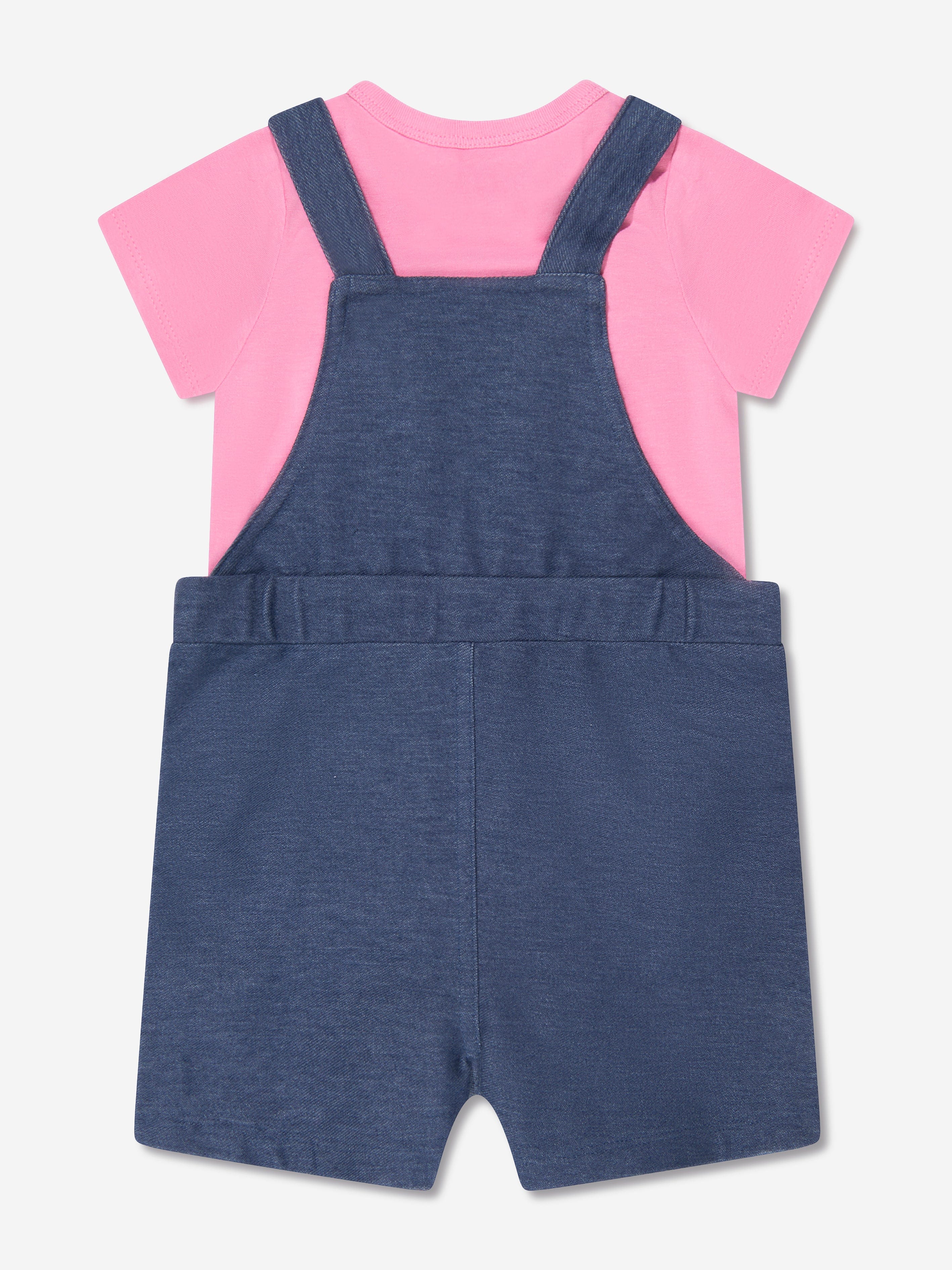 Guess Baby Girls Bodysuit And Knit Denim Shortall in Pink