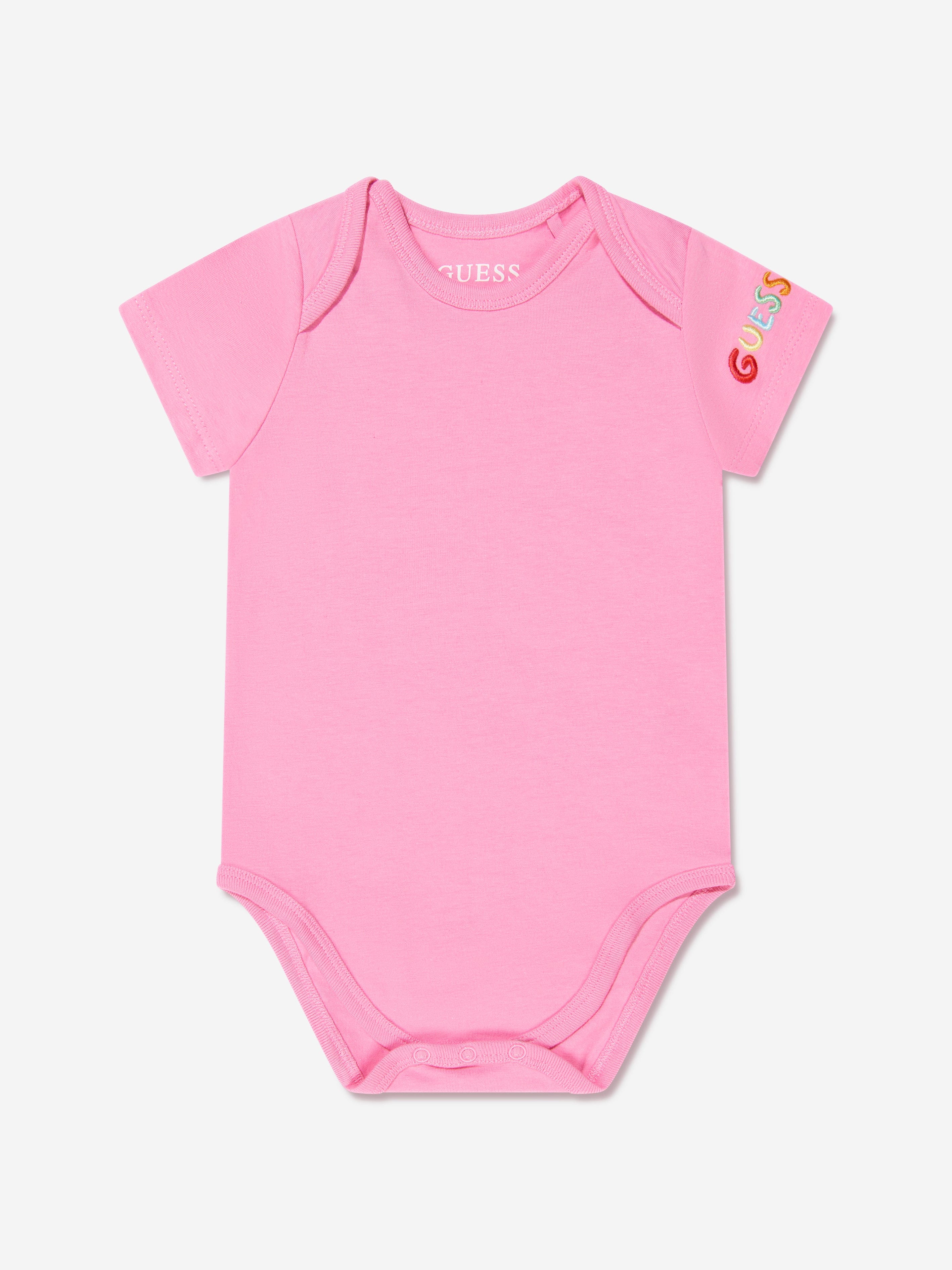 Guess Baby Girls Bodysuit And Knit Denim Shortall in Pink