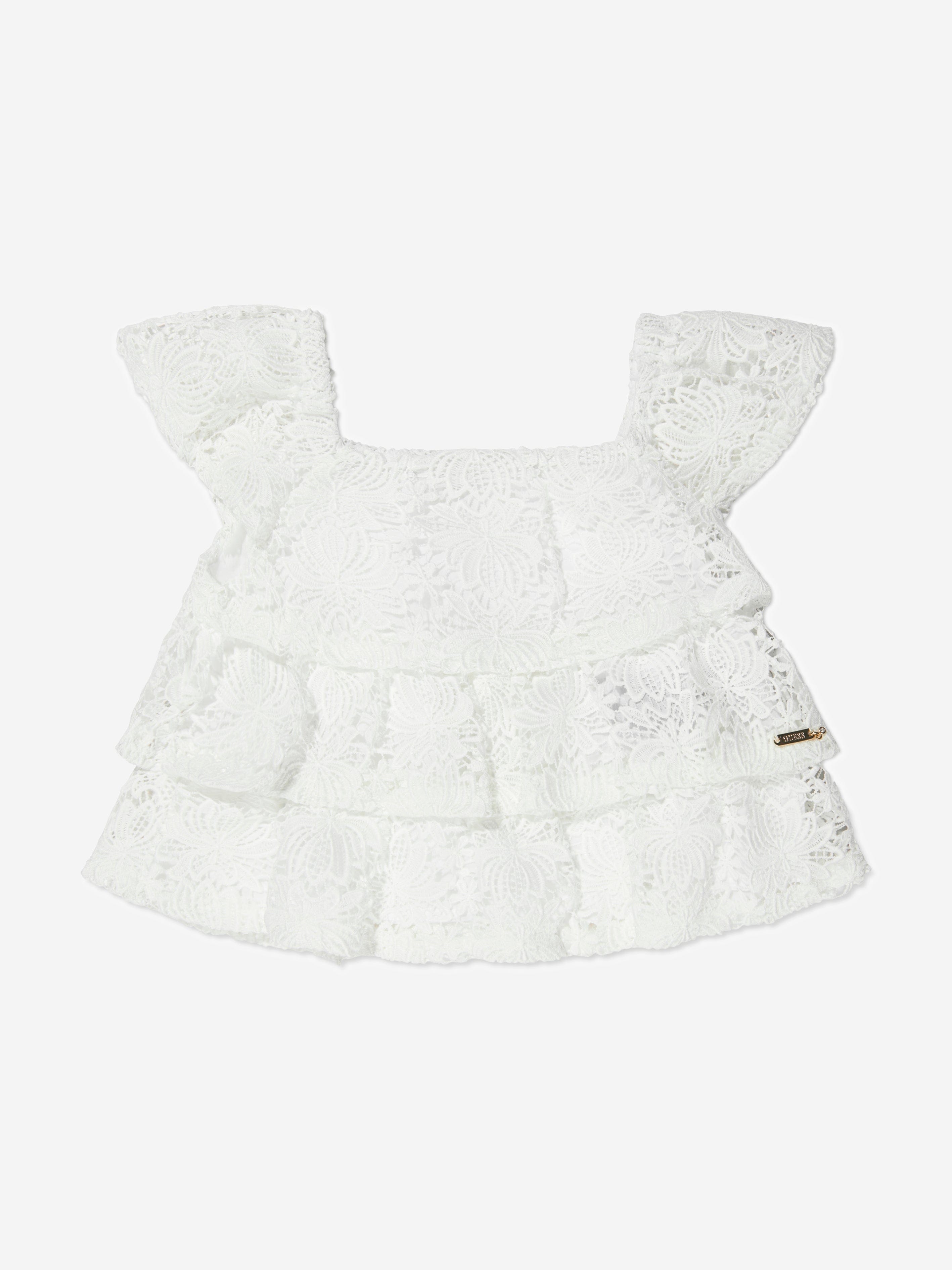 Guess Girls Lace Ruffle Top in White