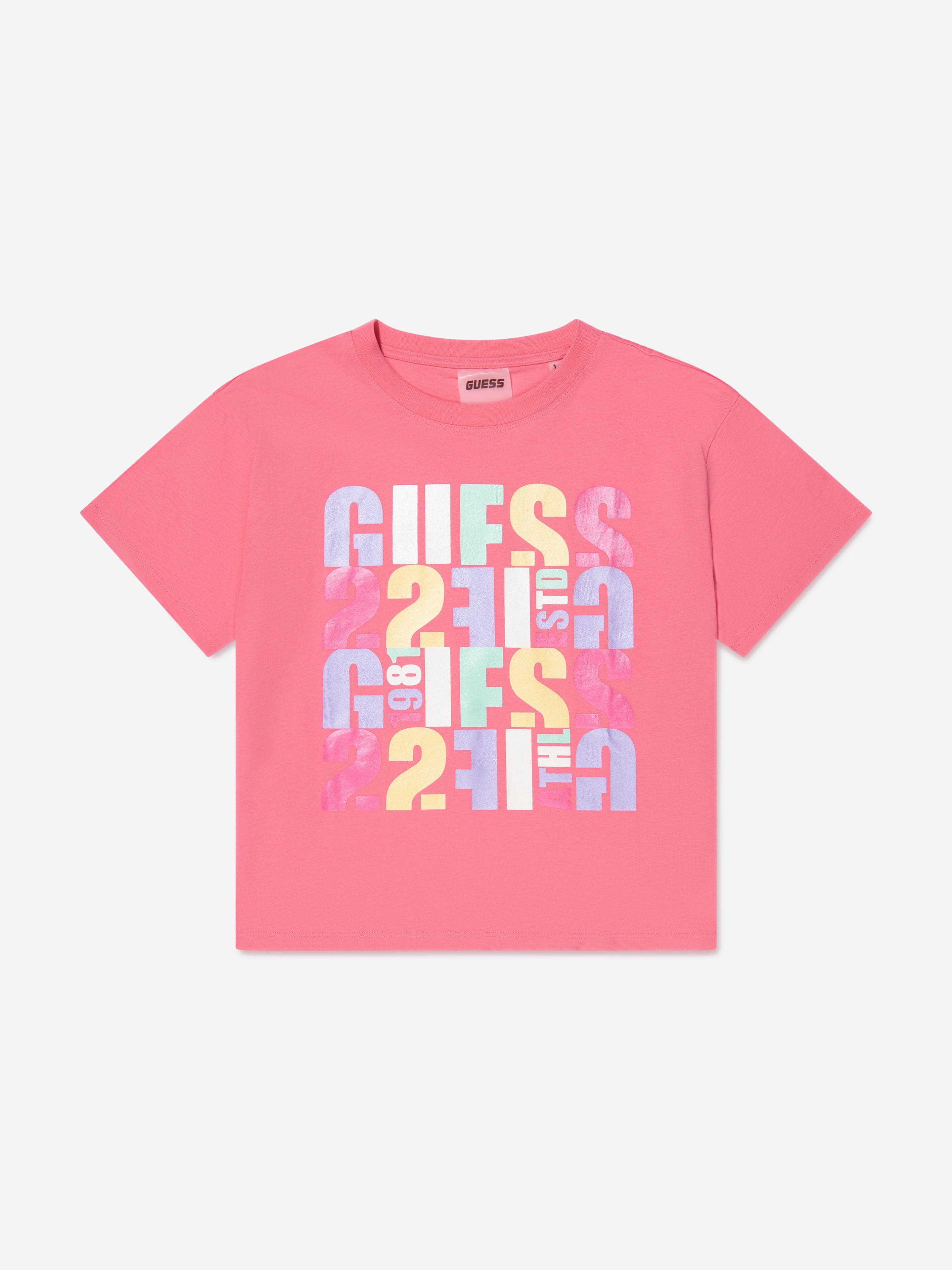 Guess Girls Cropped Logo T-Shirt in Pink