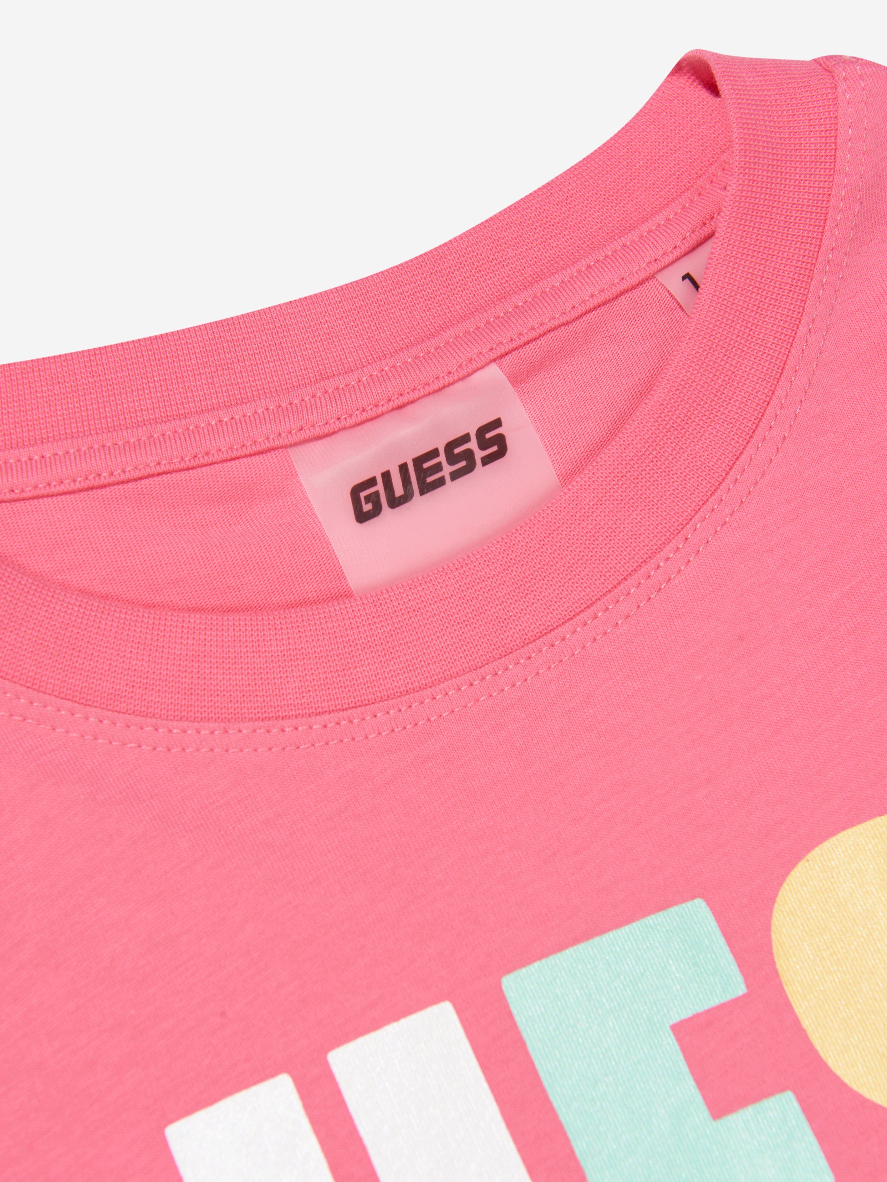 Guess Girls Cropped Logo T-Shirt in Pink