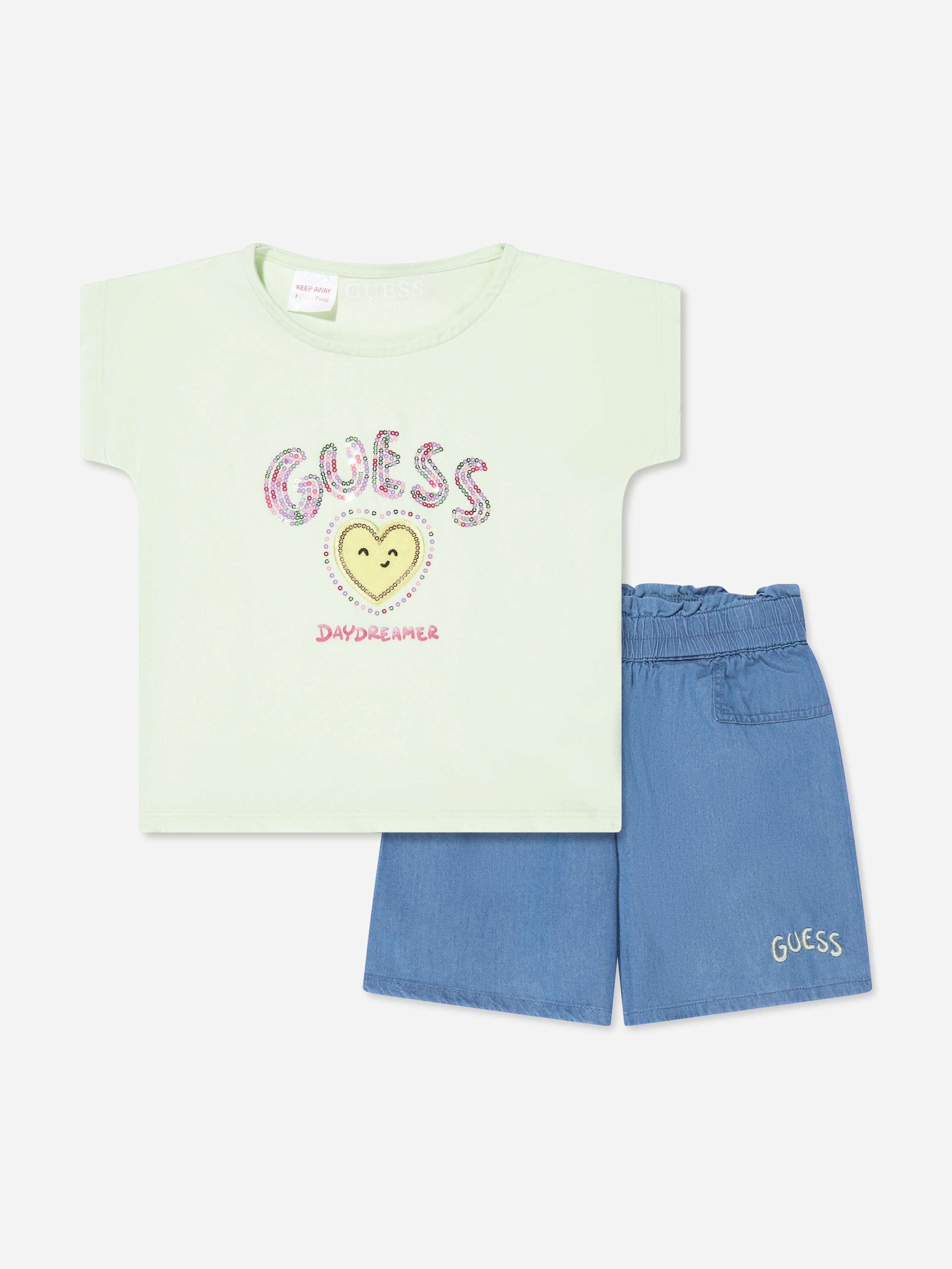 Guess Girls T-Shirt And Chambray Shorts in Green