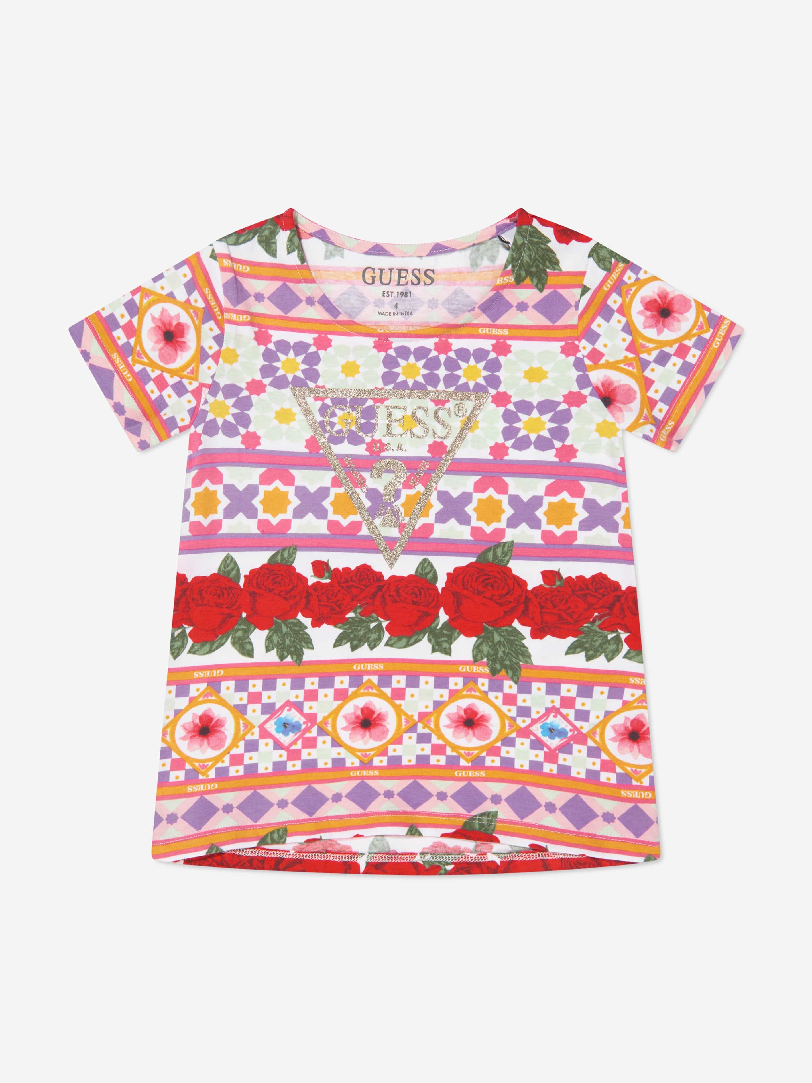 Guess Girls Geometric Flower T-Shirt in Multicolour