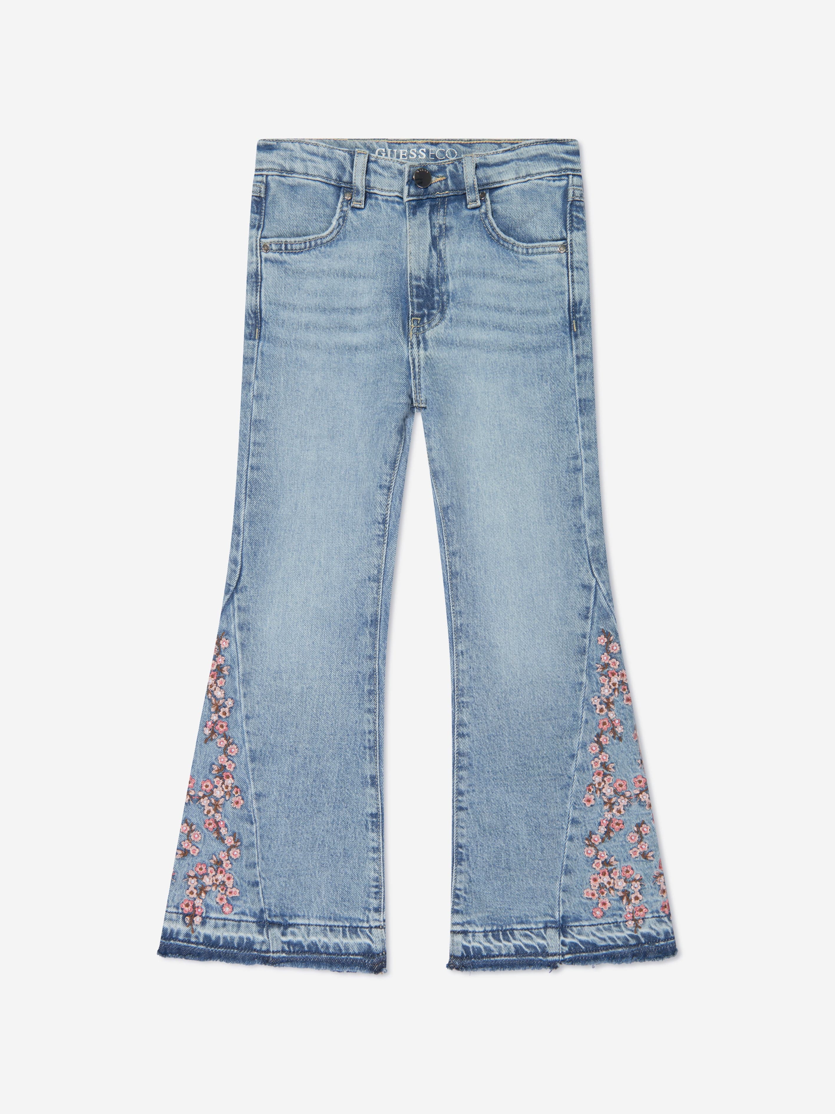 Guess Girls Floral Flared Denim Jeans in Blue