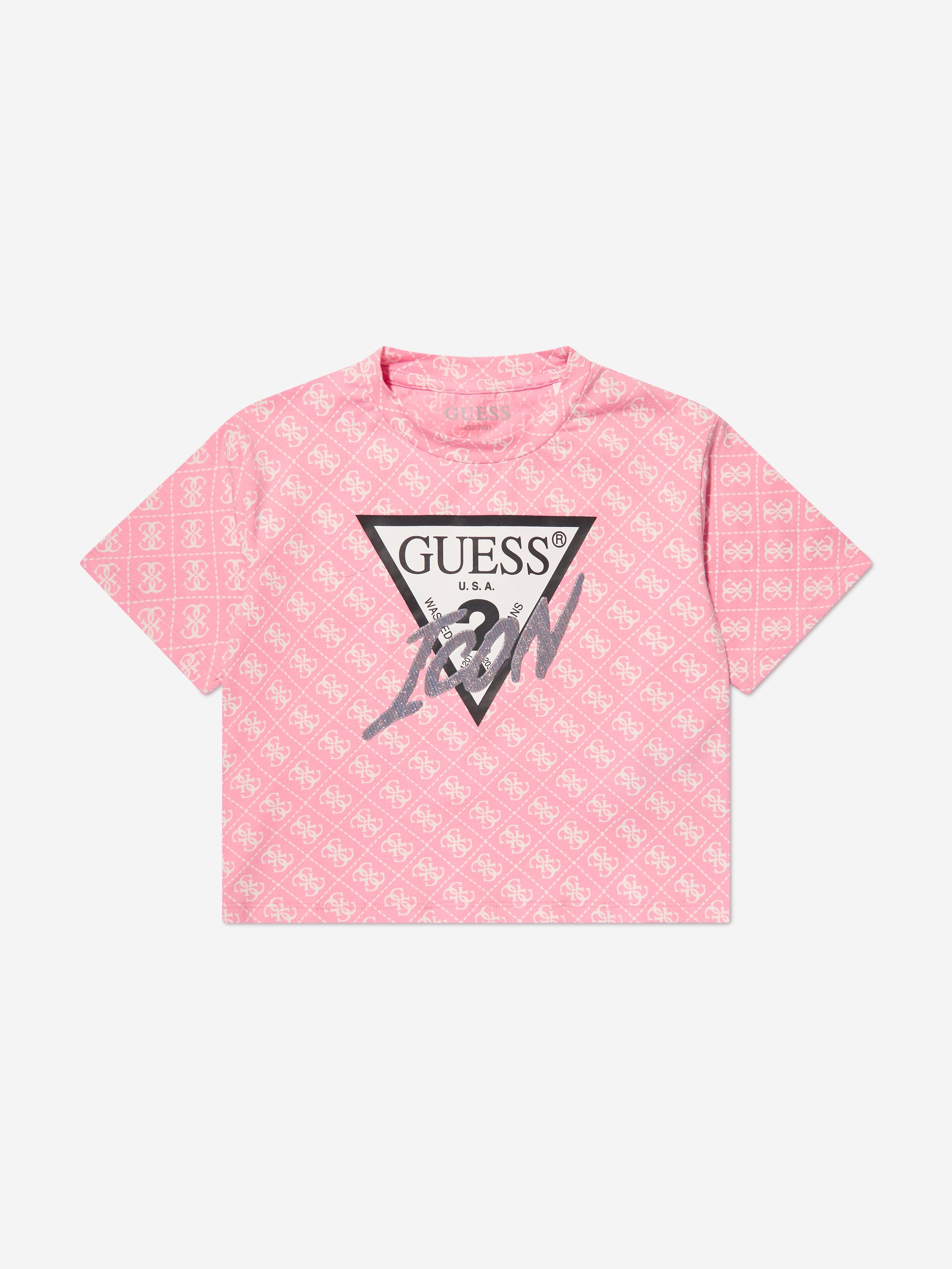 Guess Girls Logo Print T-Shirt in Pink