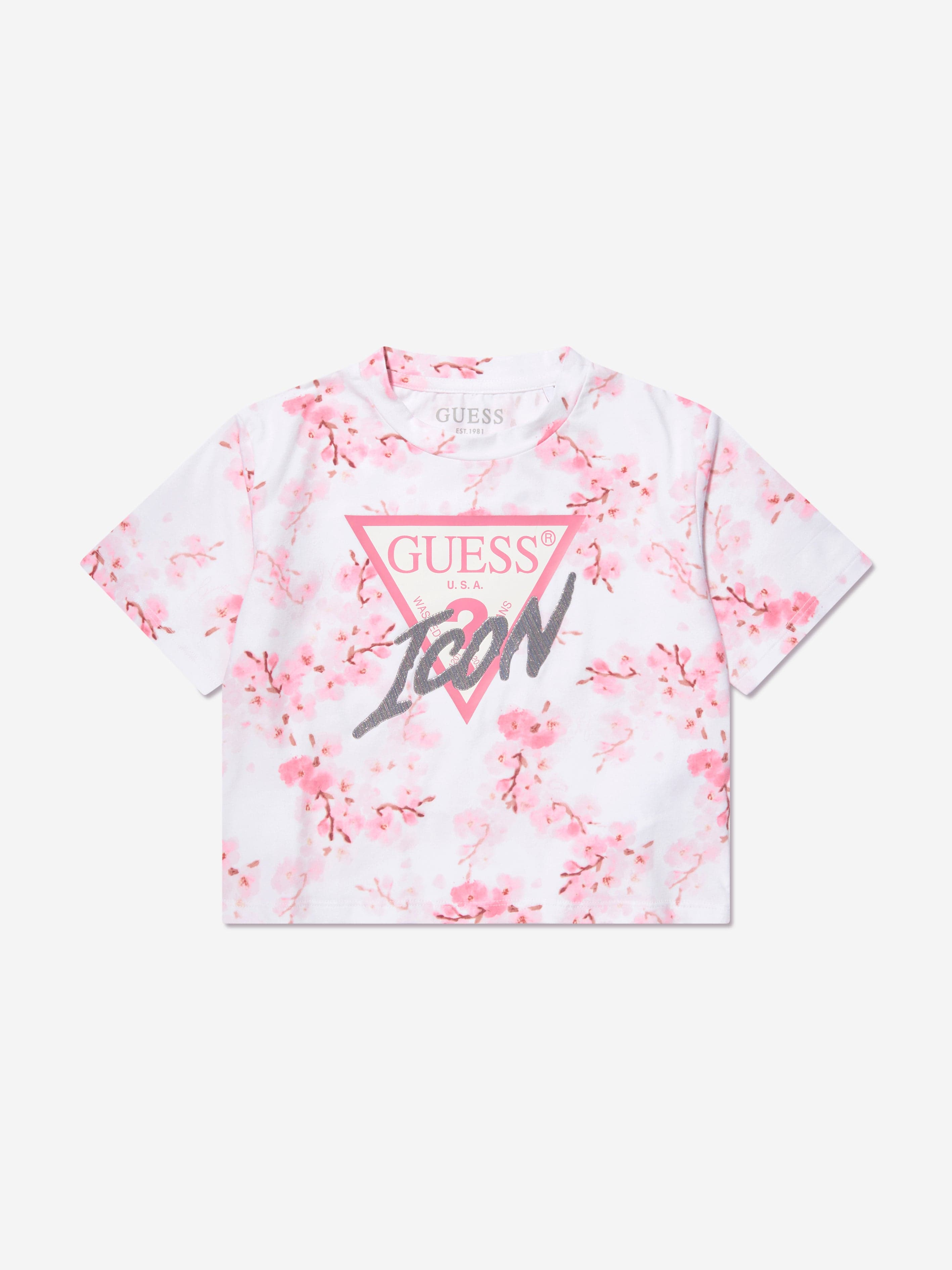 Guess Girls Cherry Blossom Logo T-Shirt in White