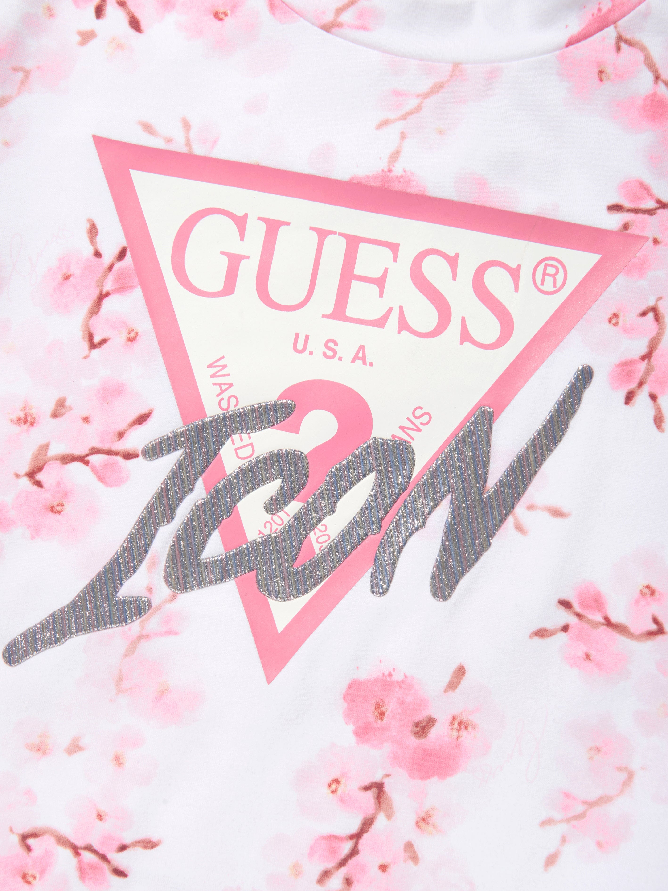 Guess Girls Cherry Blossom Logo T-Shirt in White