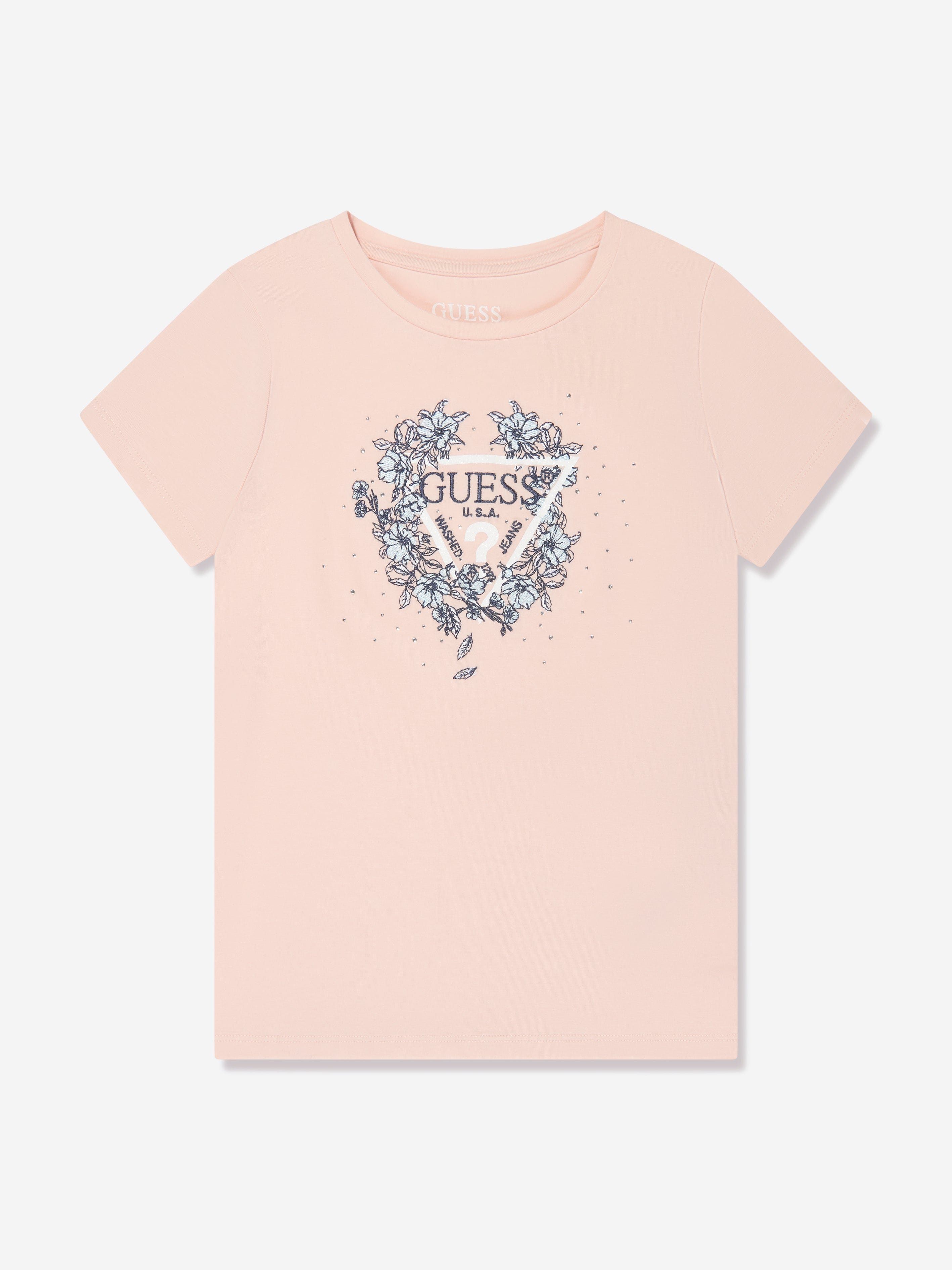 Guess Girls Logo Print T-Shirt in Pink