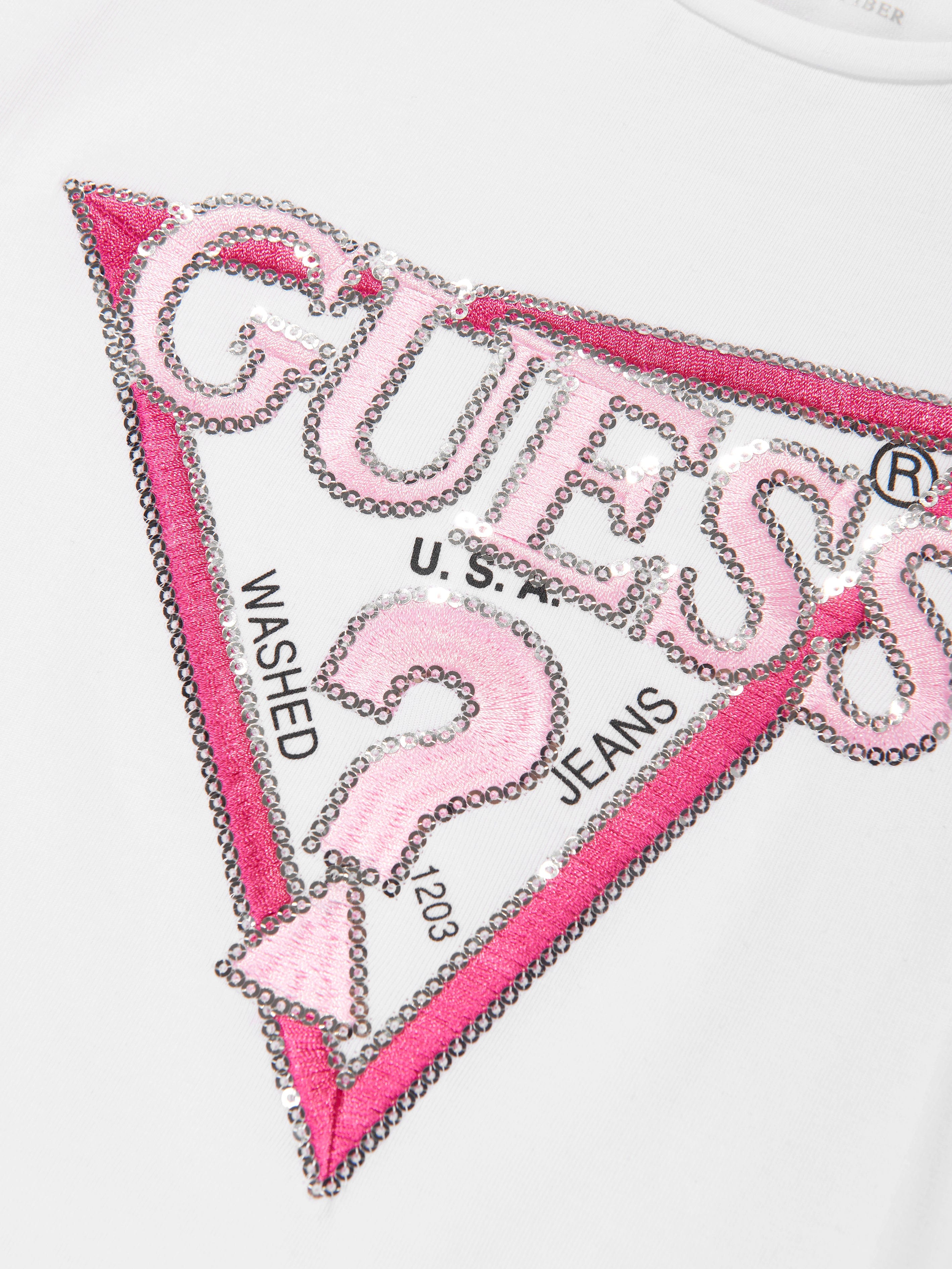 Guess Girls Logo Print T-Shirt in White