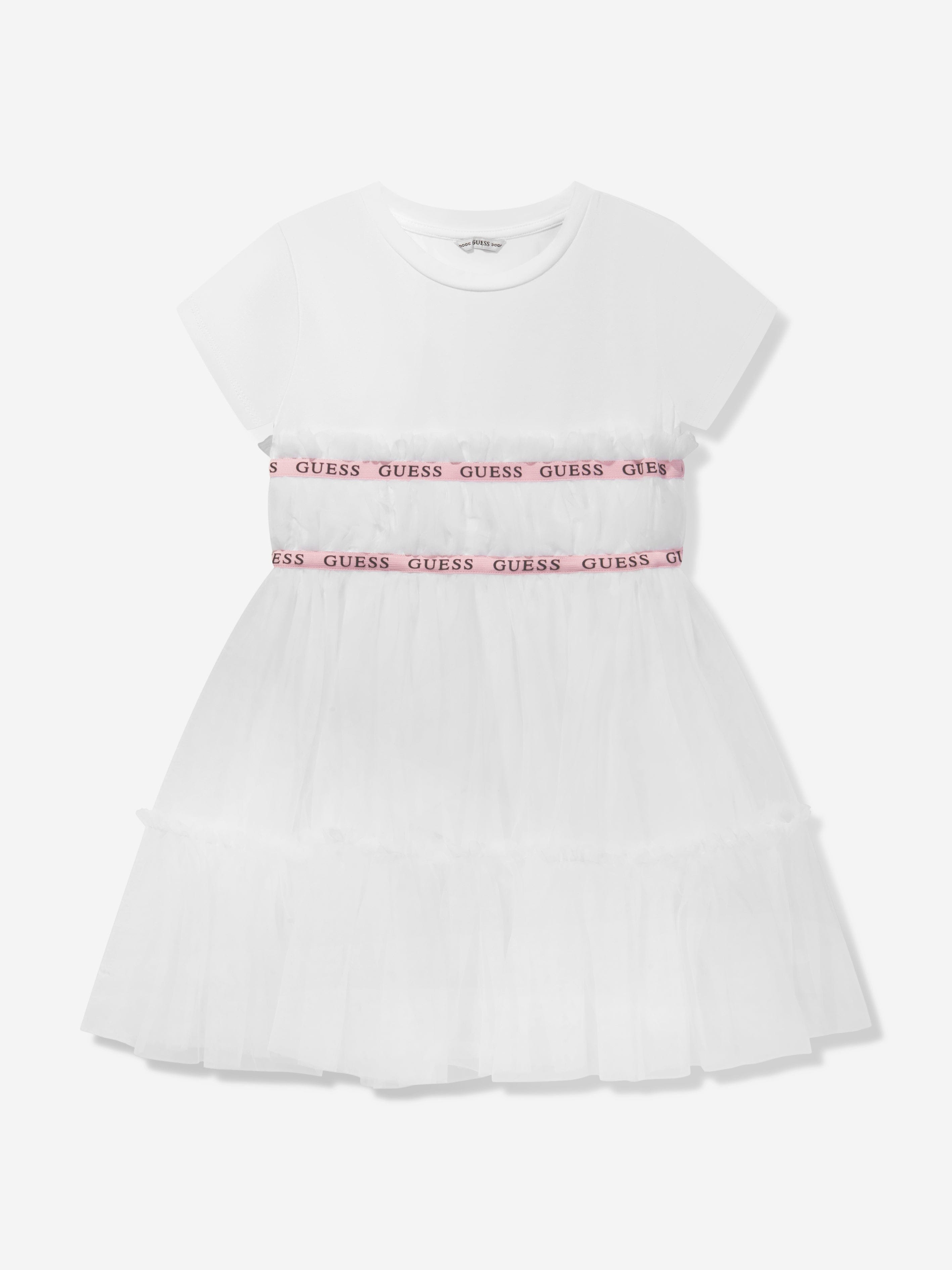 Guess Girls Jersey And Tulle Dress in White