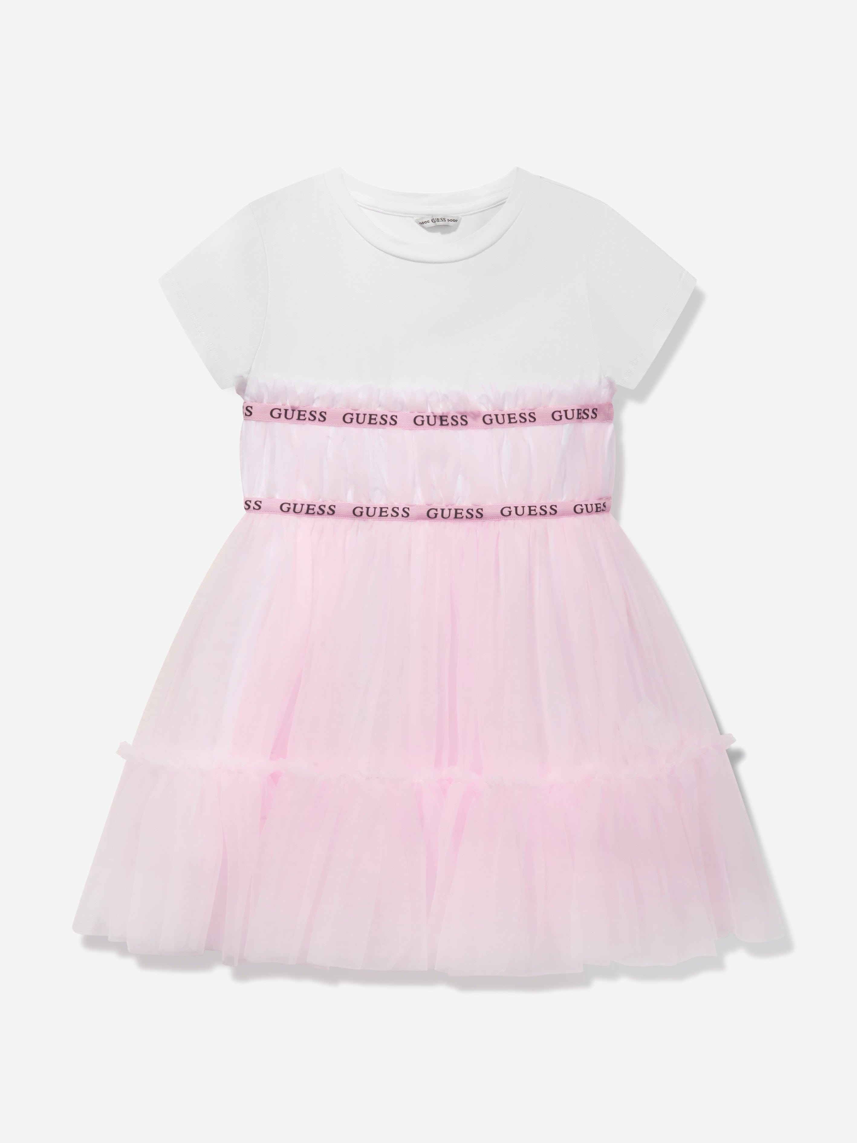 Guess Girls Jersey And Tulle Dress in Pink