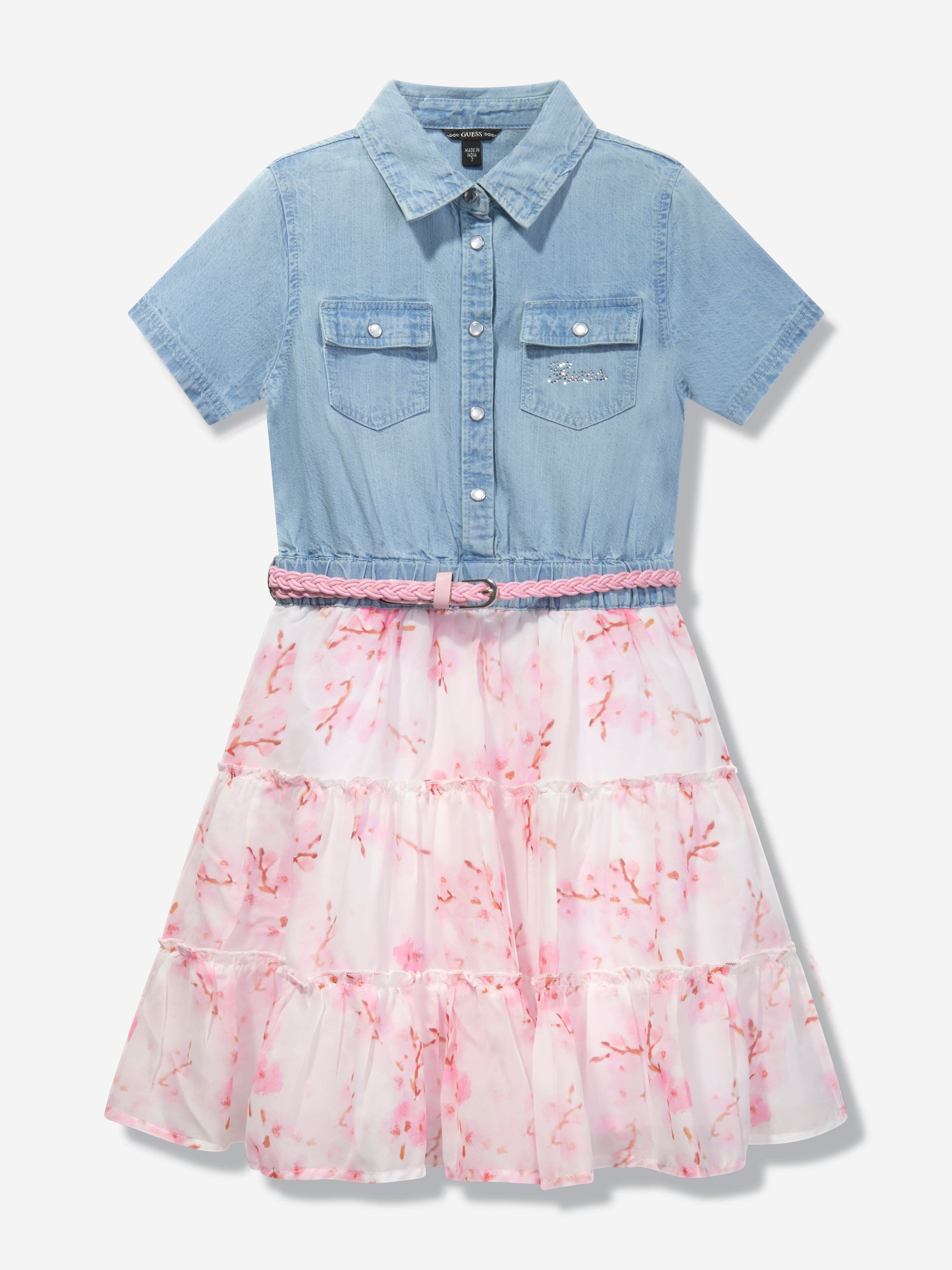 Guess Girls Chambray Floral Shirt Dress in Multicolour