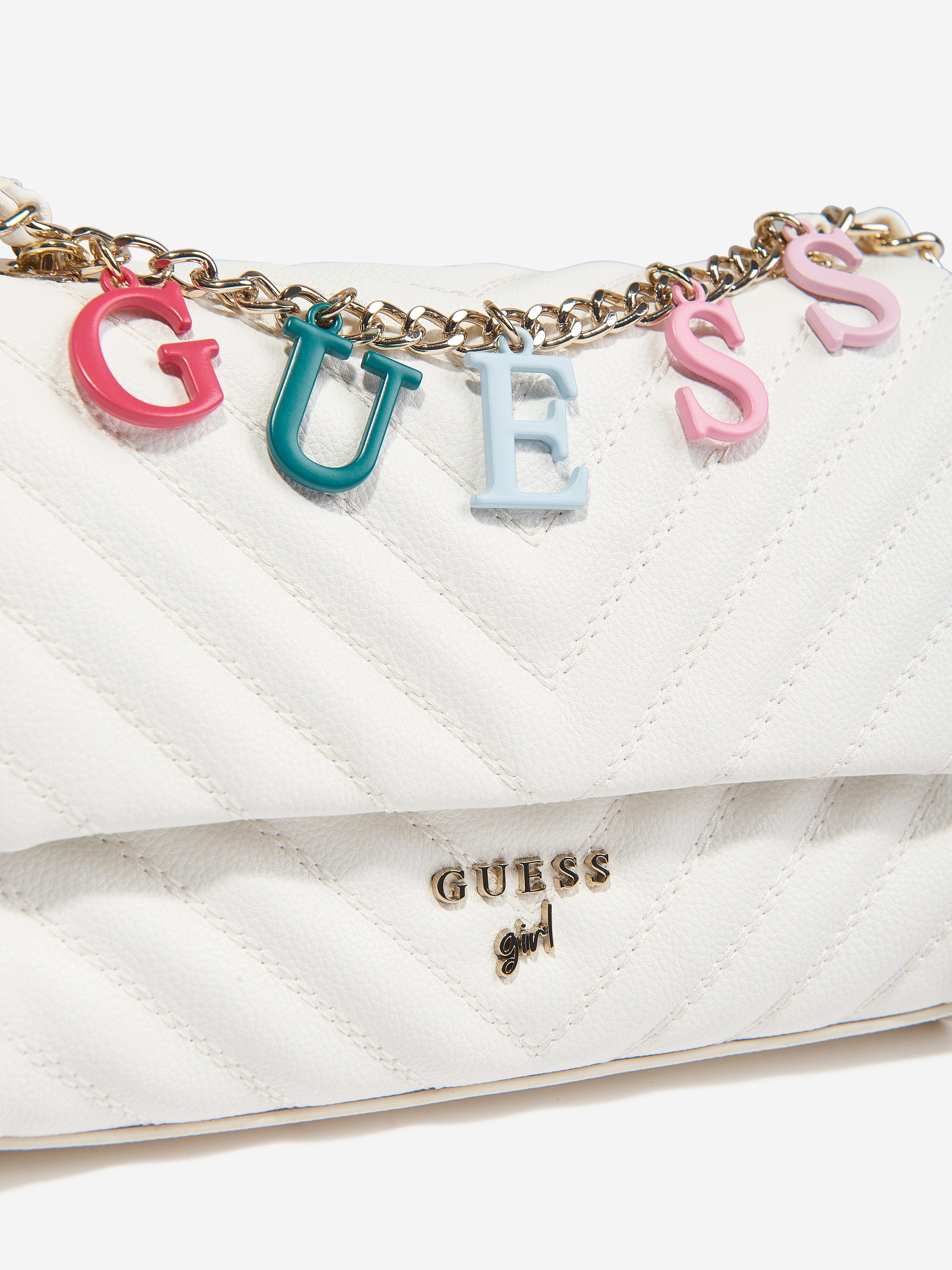 Guess Girls Logo Chain Crossbody Bag in White