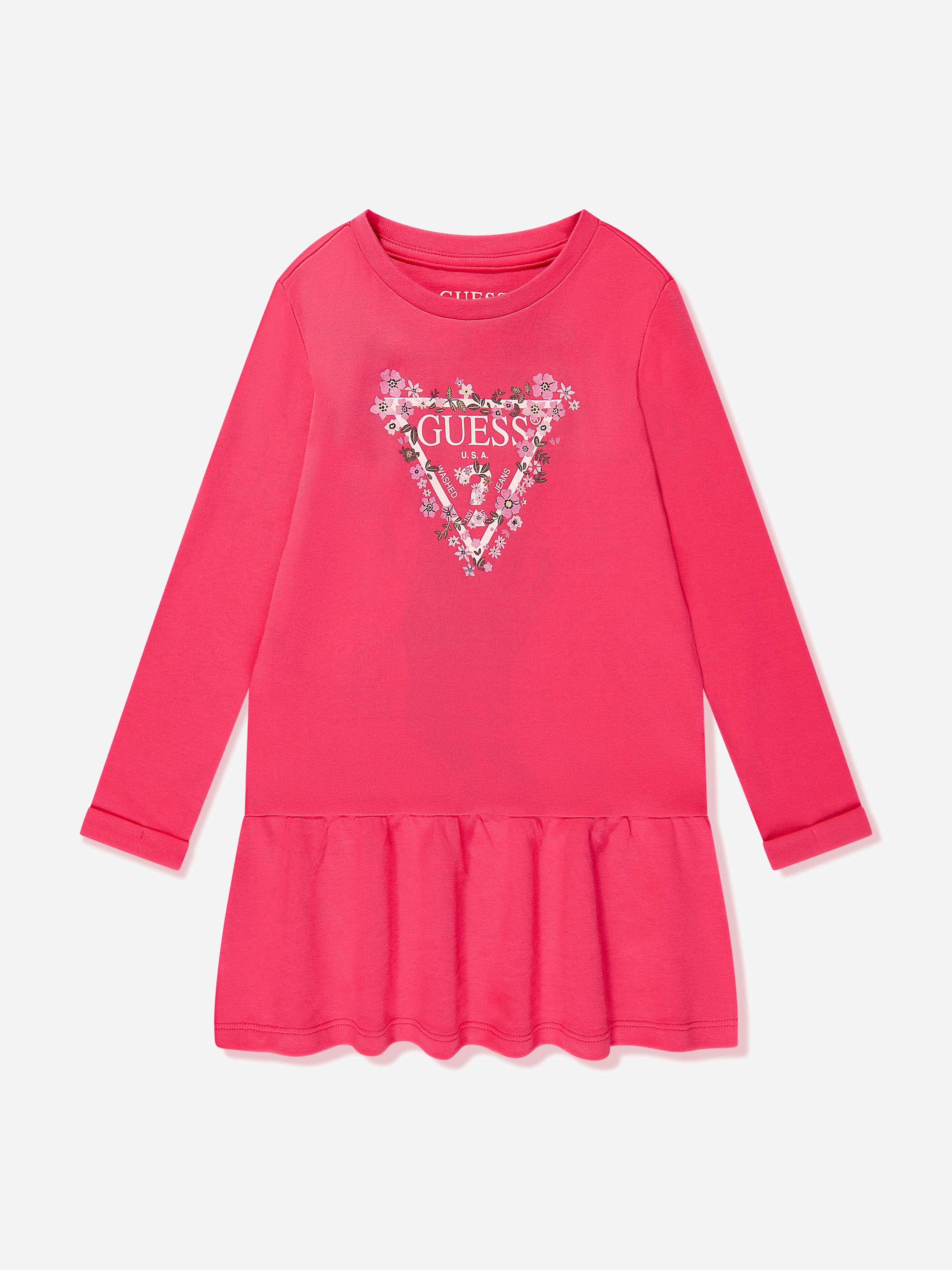 Guess Girls Logo Print Jersey Dress in Pink