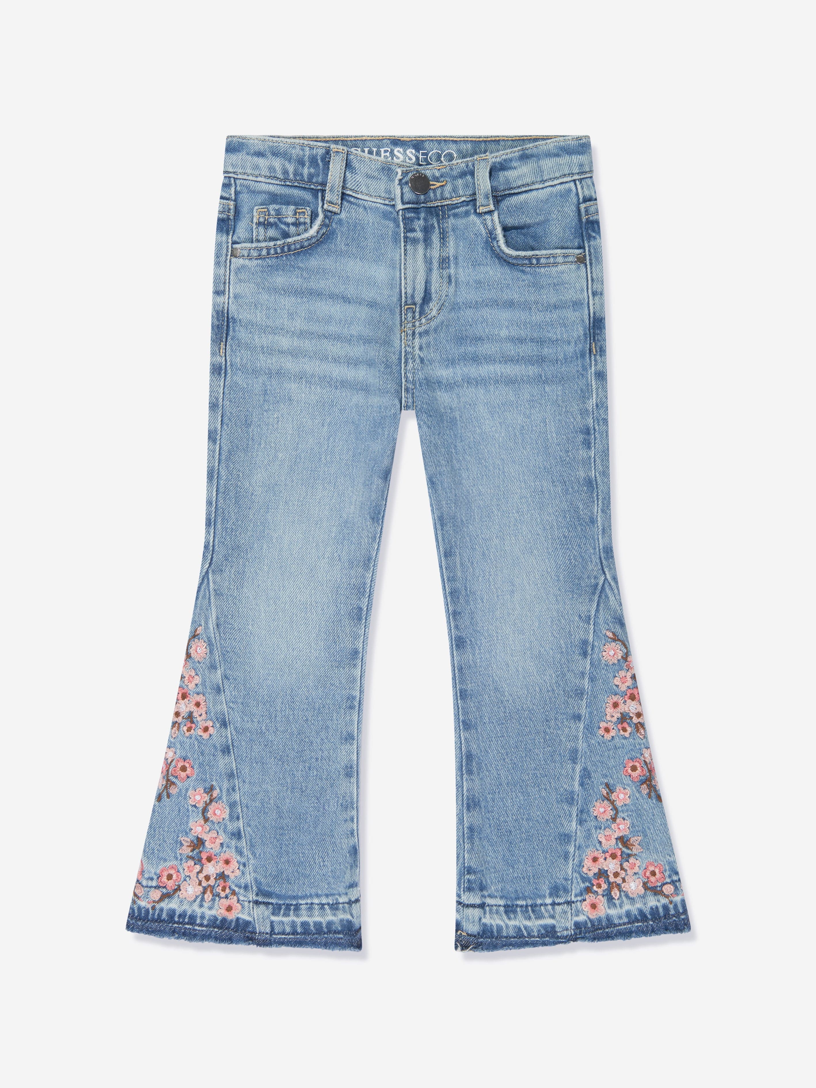 Guess Girls Floral Flared Denim Jeans in Blue