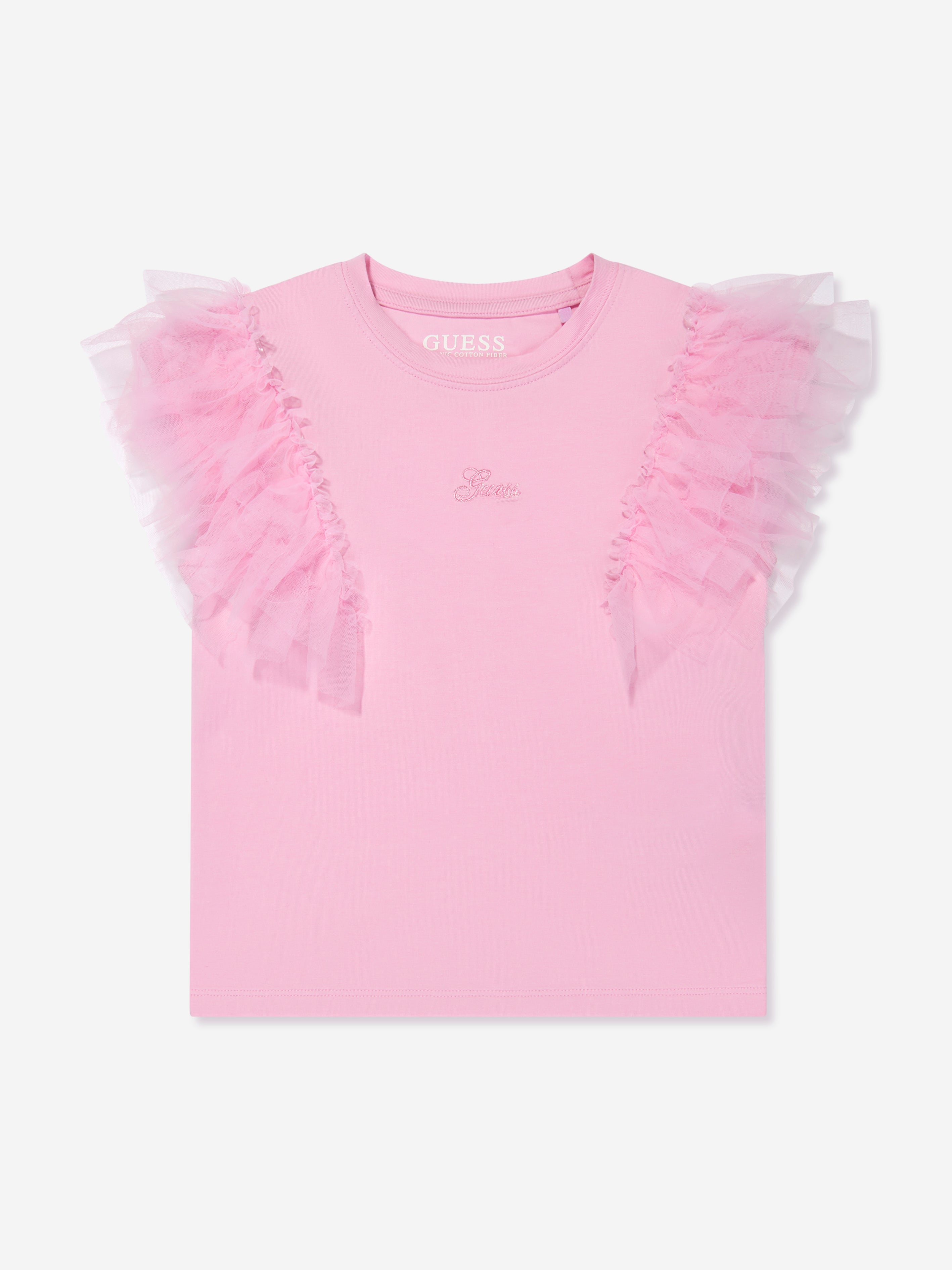 Guess Girls Tulle Sleeve T-Shirt in Pink