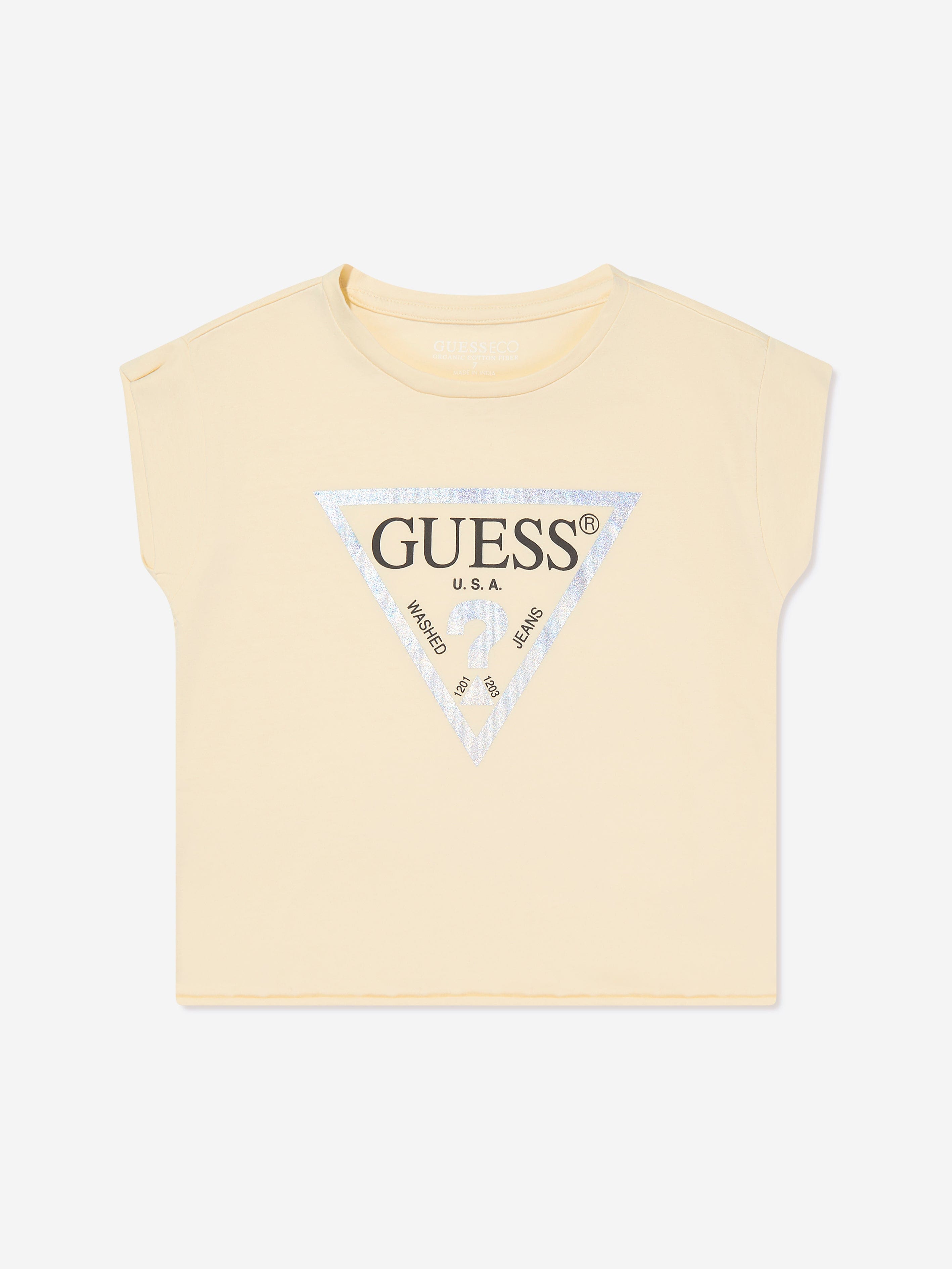 Guess Girls Cropped Logo T-Shirt in Yellow