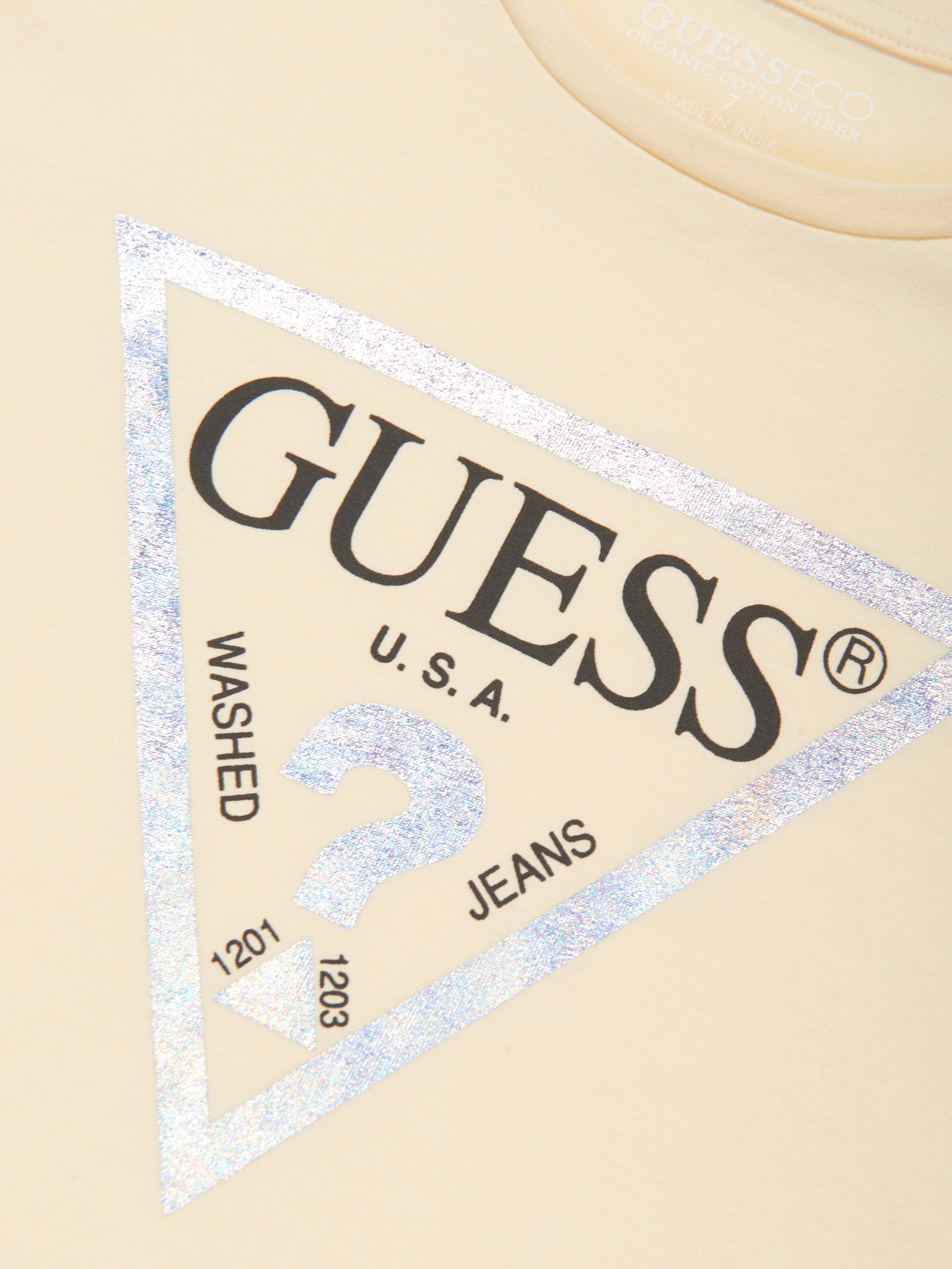 Guess Girls Cropped Logo T-Shirt in Yellow