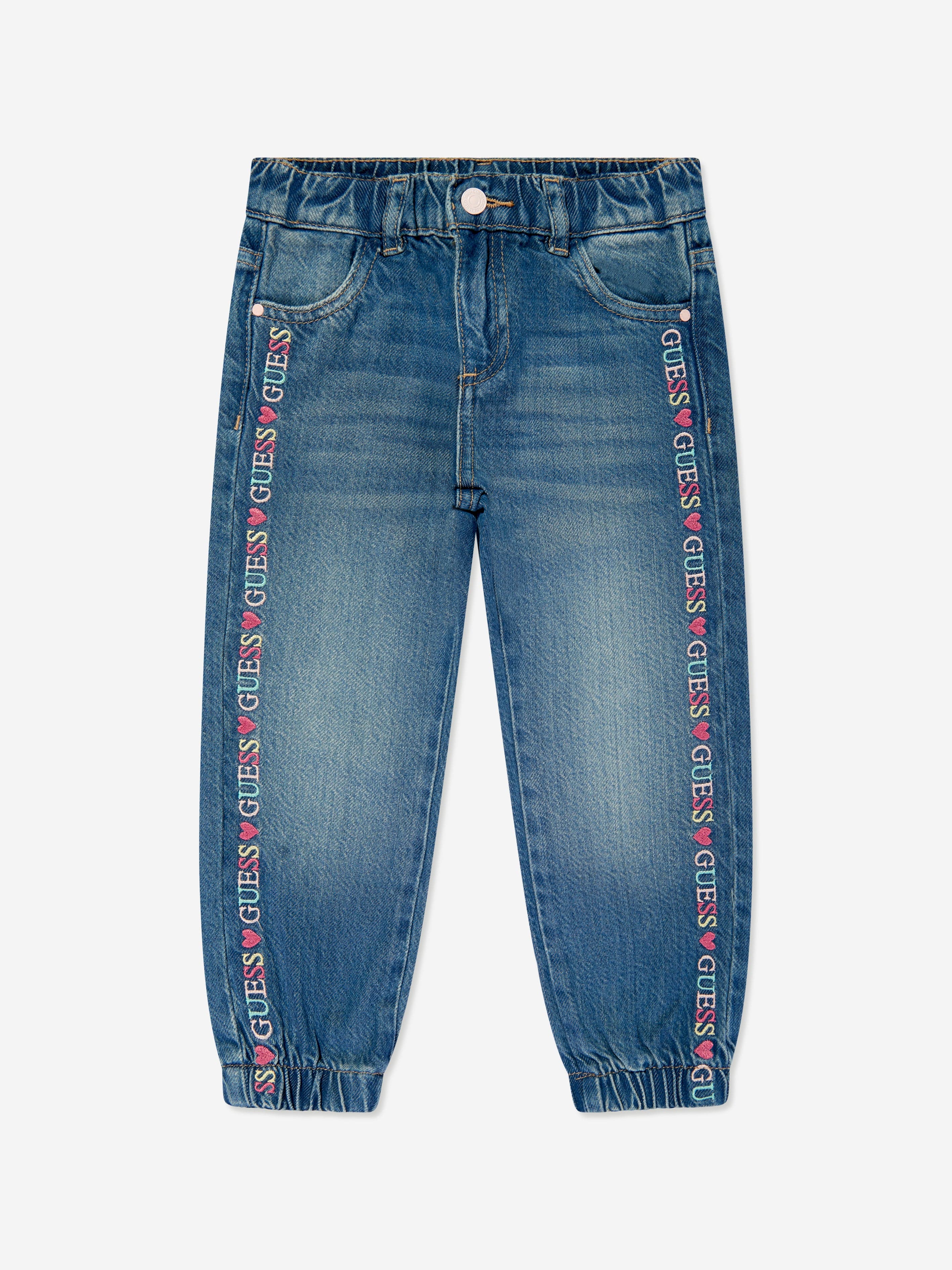 Guess Girls Embroidered Denim Joggers in Blue