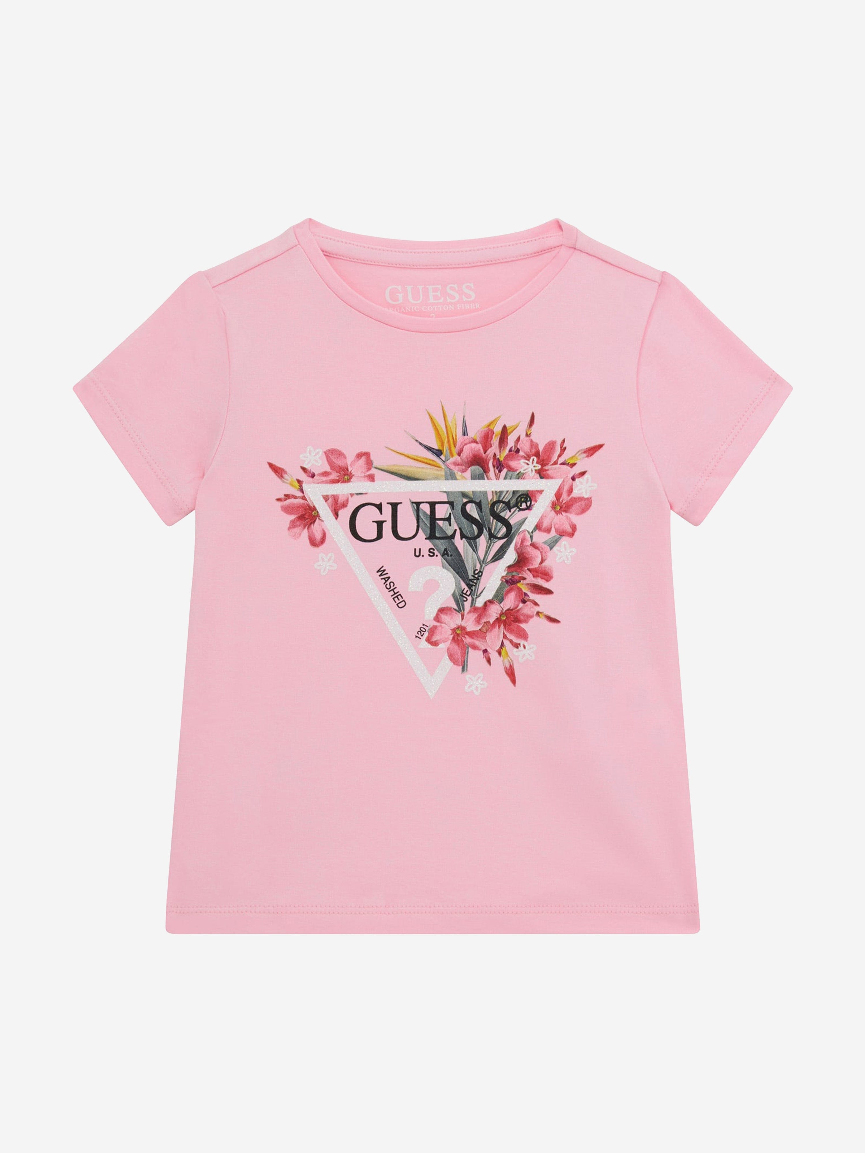 Guess Girls Floral Logo T-Shirt in Pink