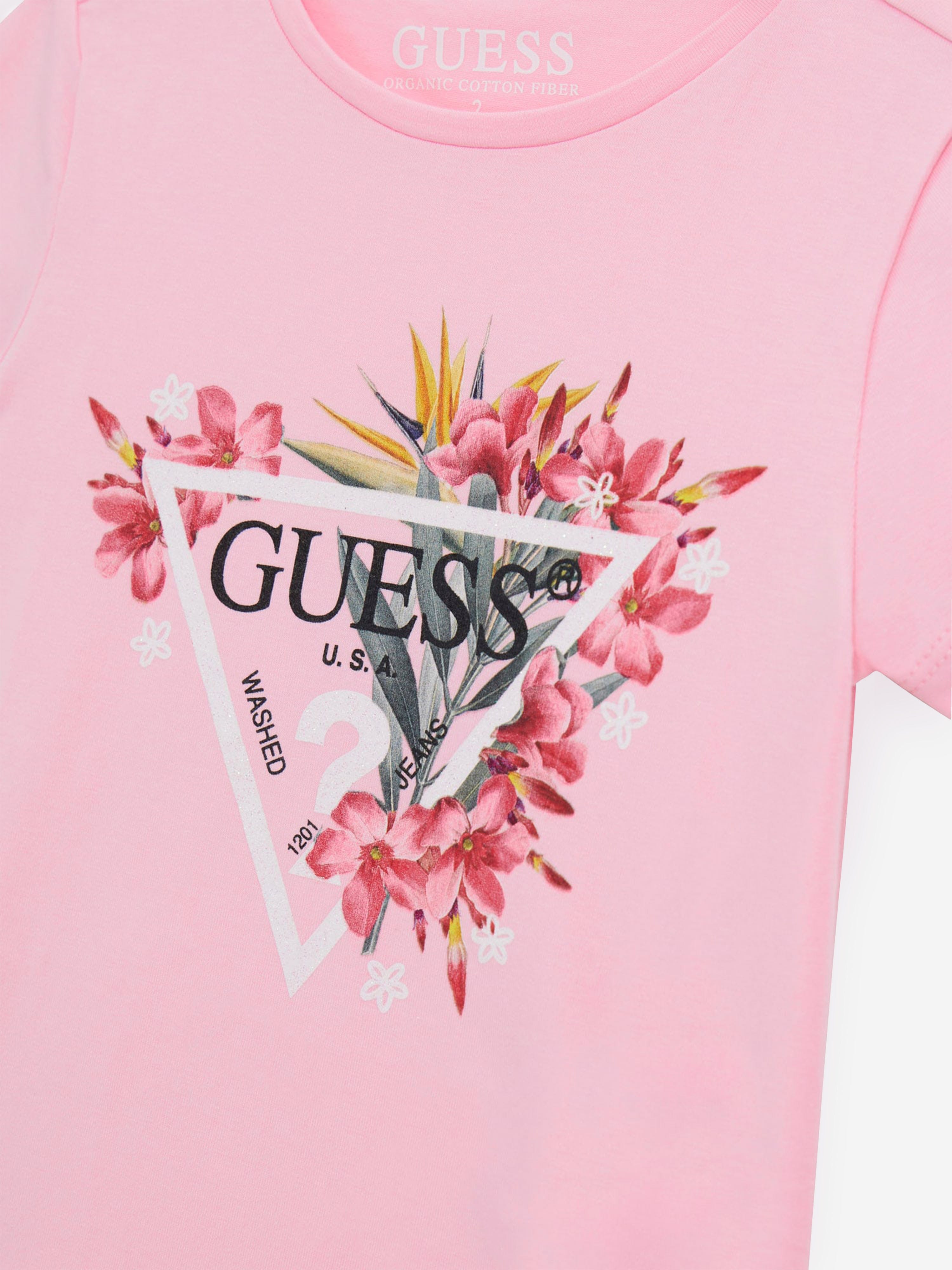 Guess Girls Floral Logo T-Shirt in Pink