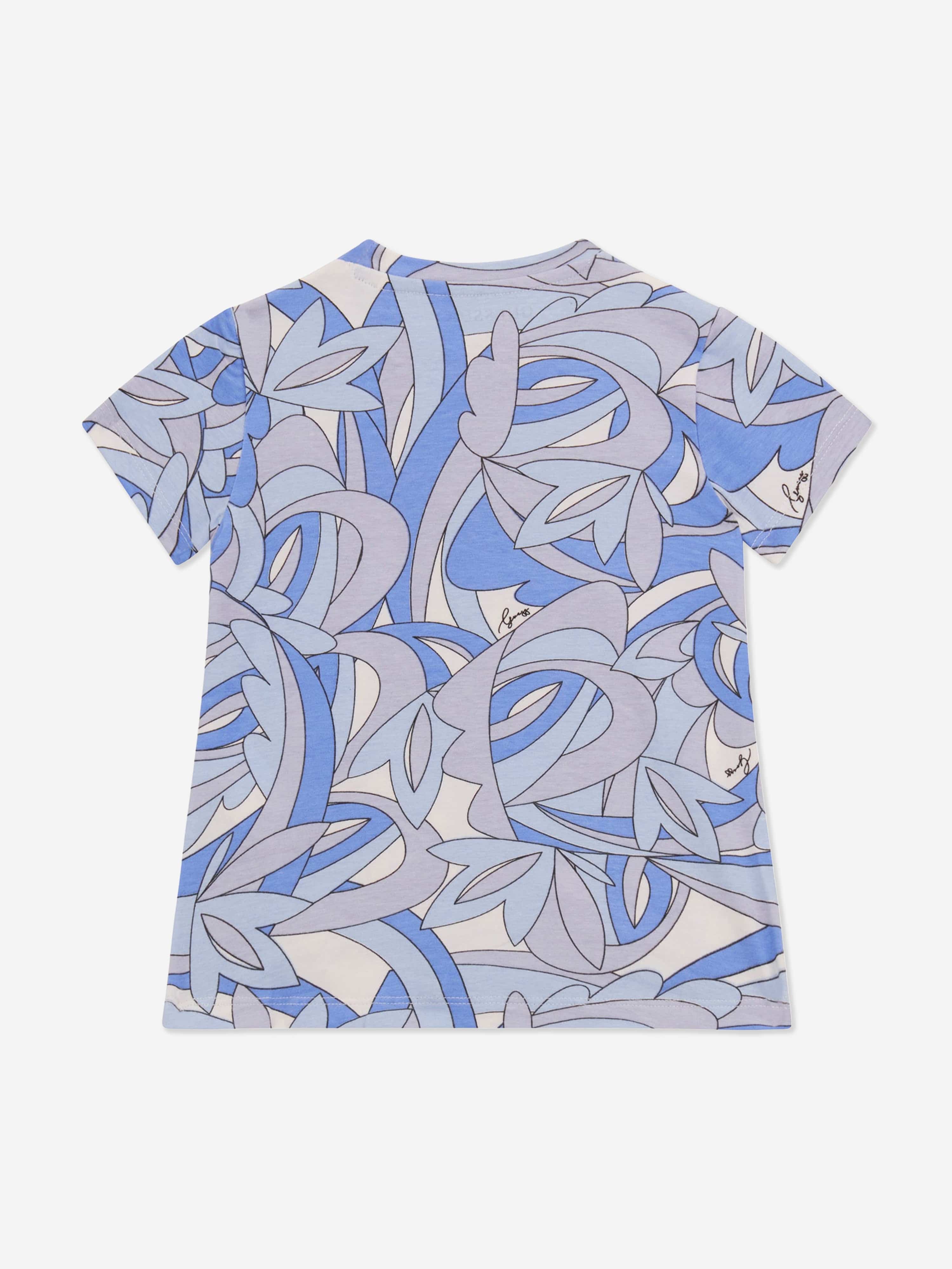 Guess Girls Abstract Logo Print T-Shirt in Blue