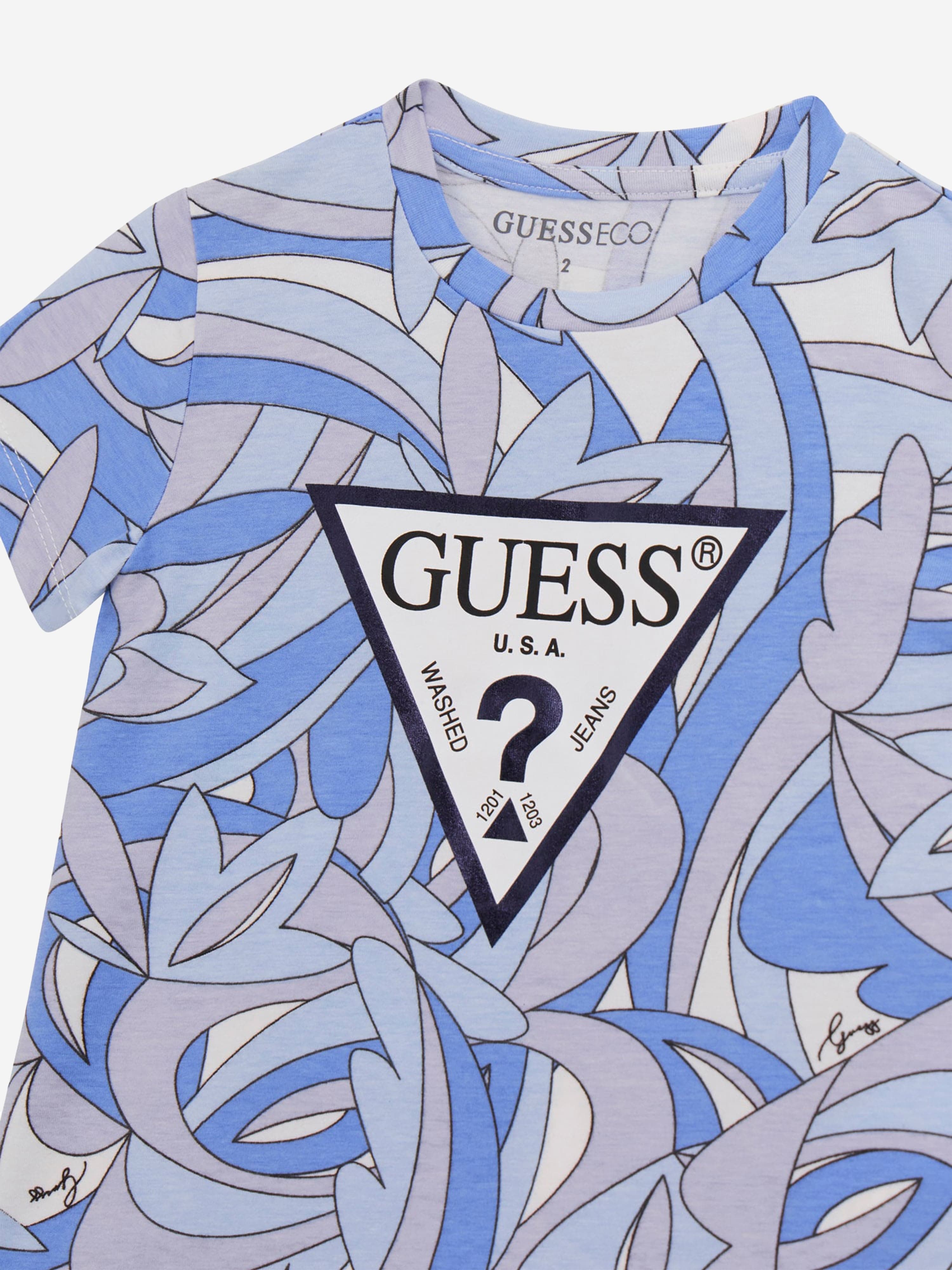 Guess Girls Abstract Logo Print T-Shirt in Blue