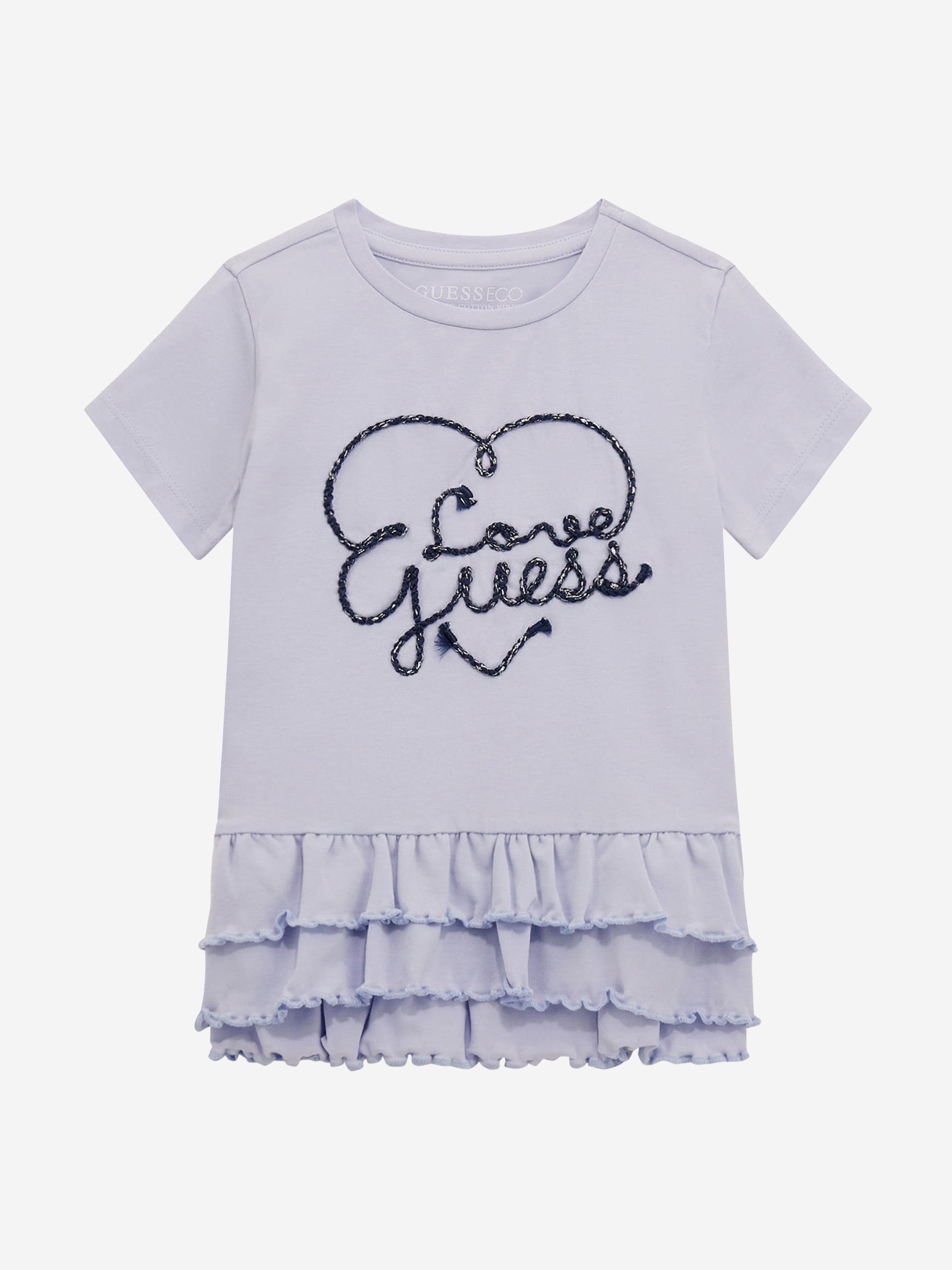 Guess Girls Logo Print Frilly T-Shirt in Blue