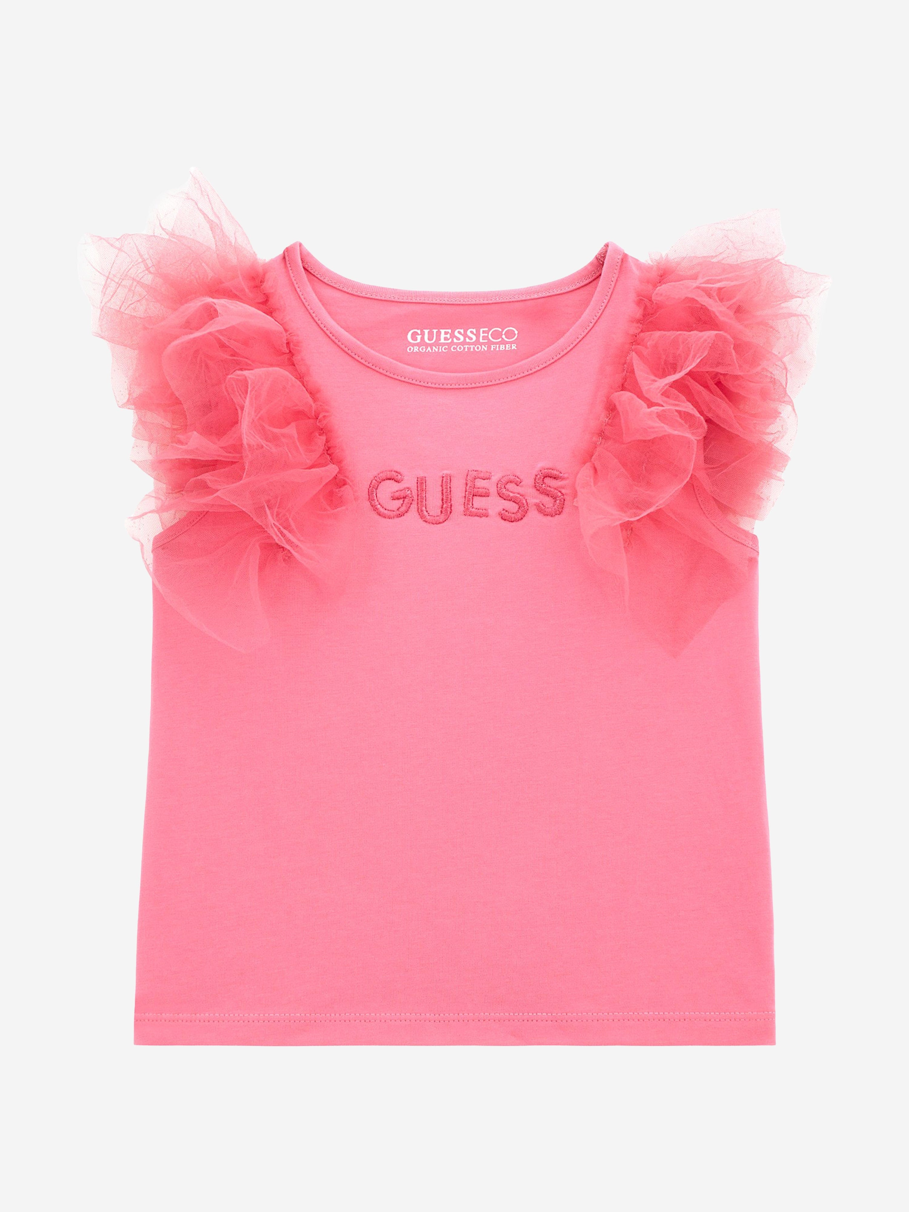 Guess Girls Tulle Trim T-Shirt in Pink