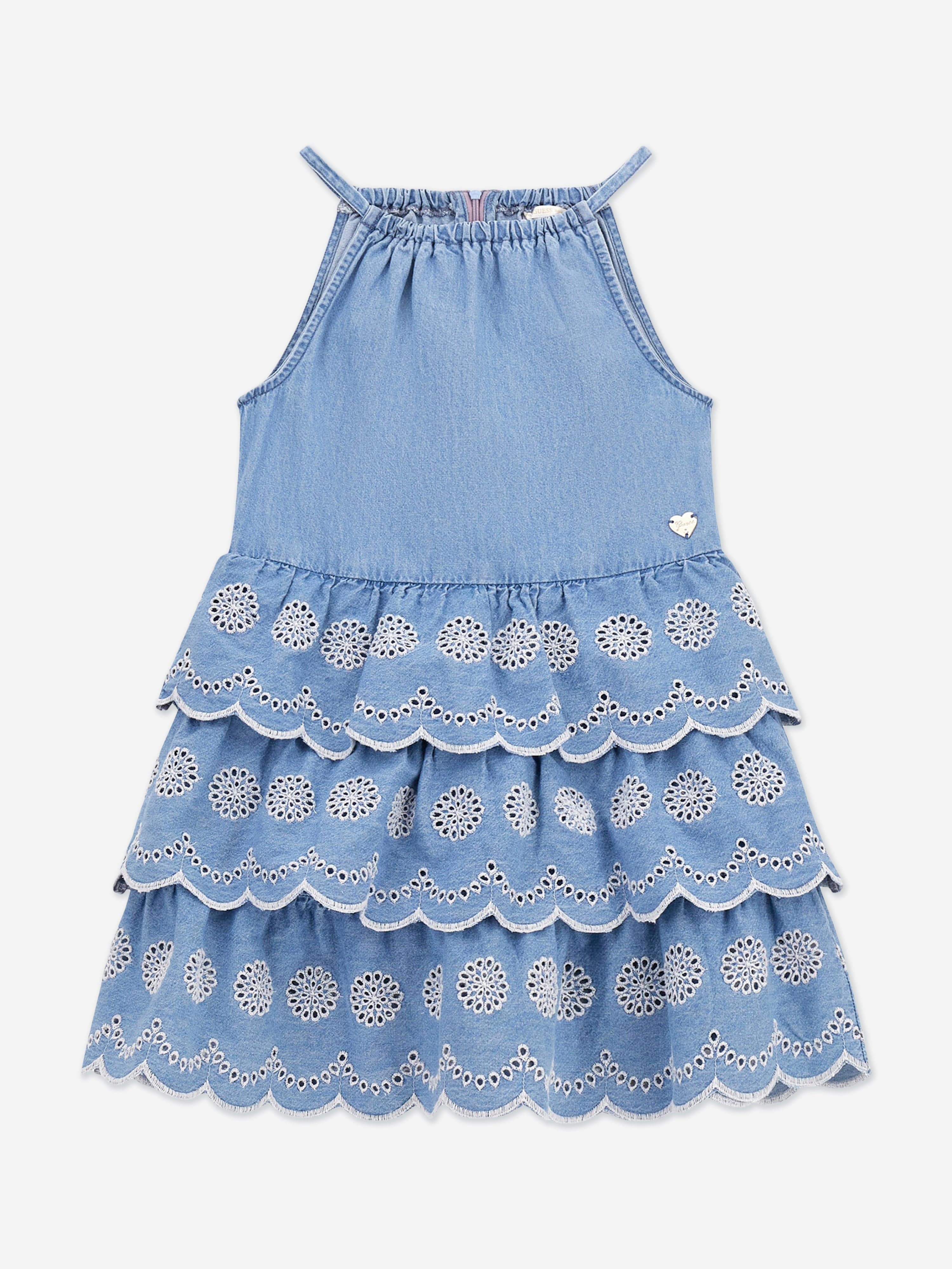 Guess Girls Denim Ruffle Dress in Blue