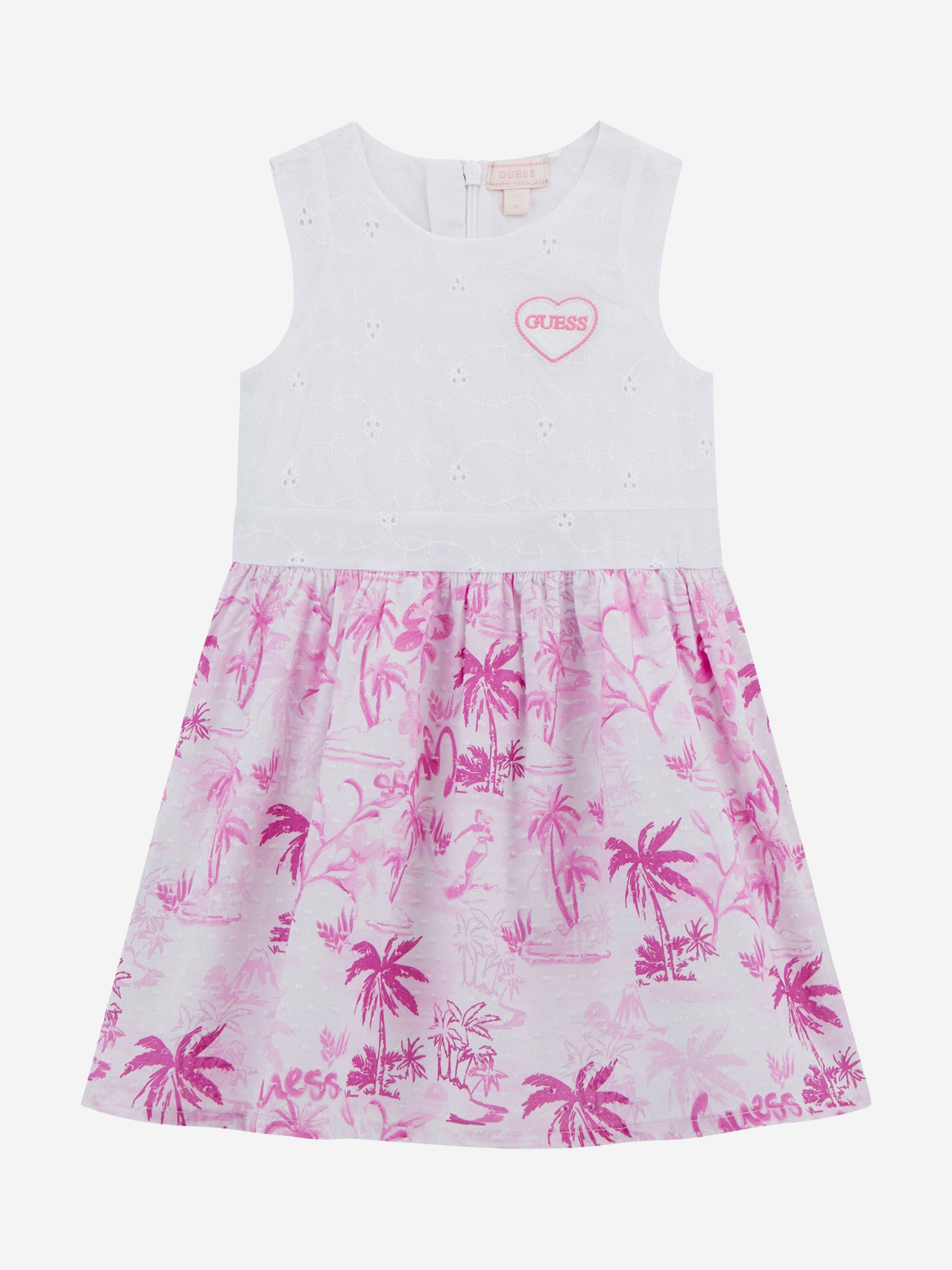 Guess Girls Sleeveless Tropical Print Dress in White