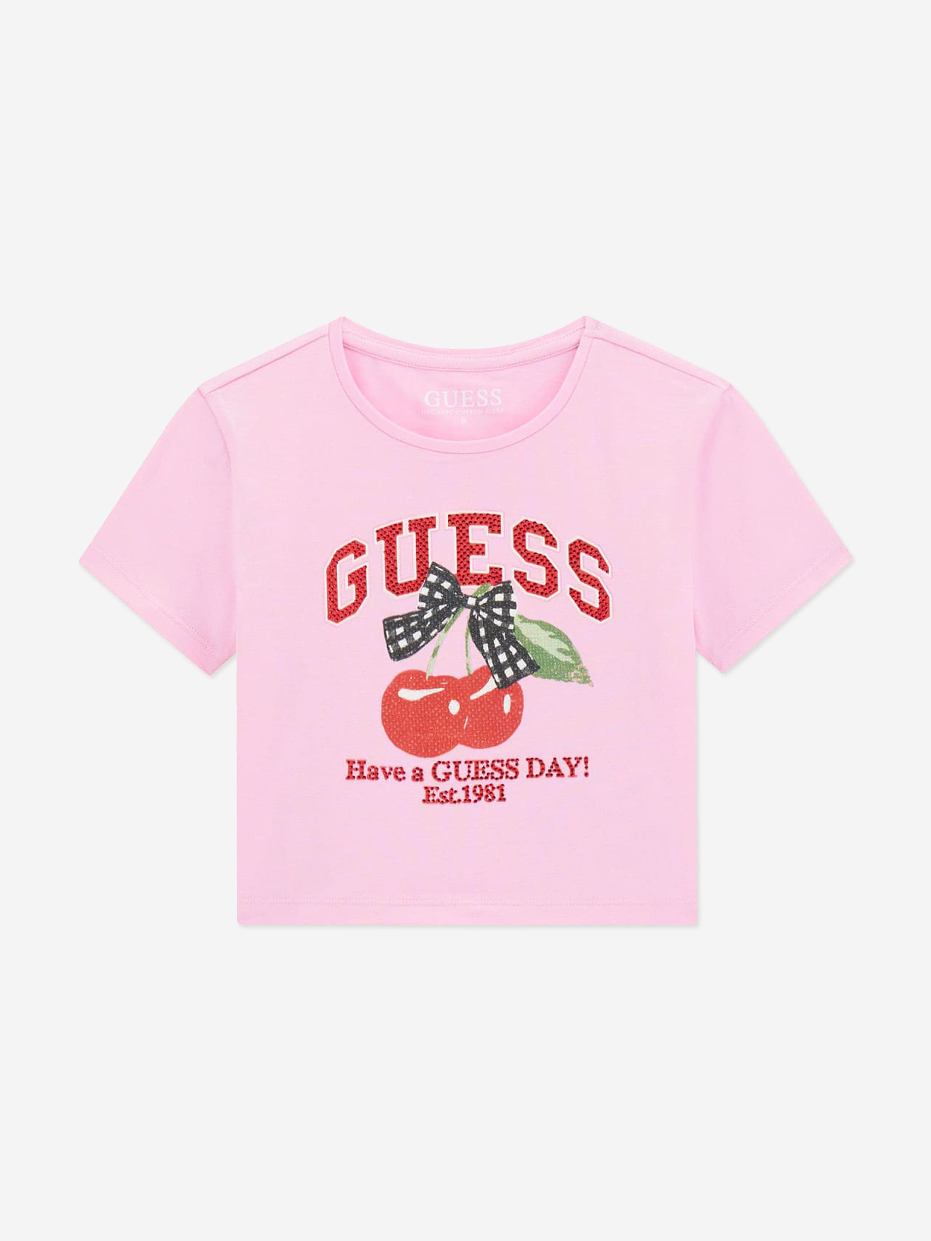 Guess Girls Cropped Cherry T-Shirt in Pink