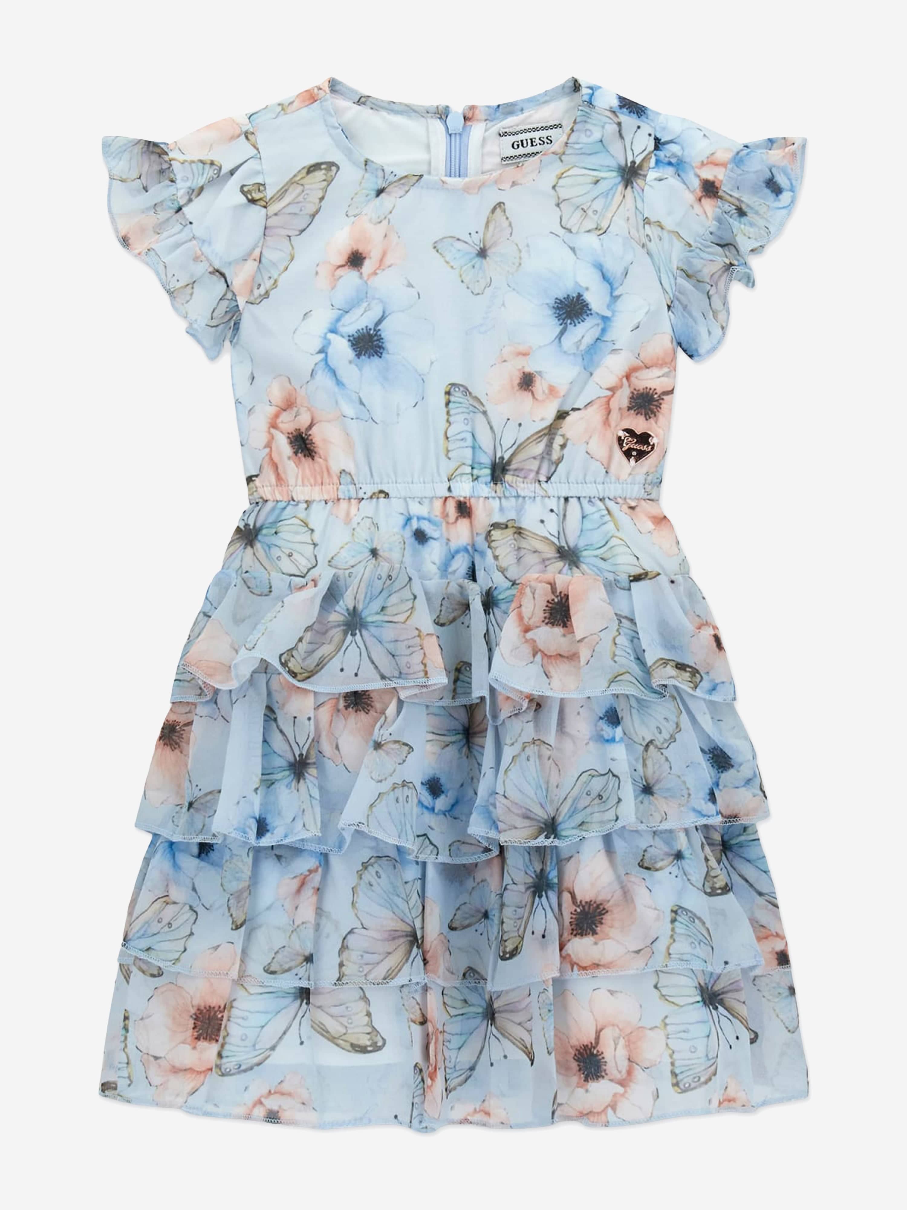 Guess Girls Butterfly Collage Chiffon Dress in Blue