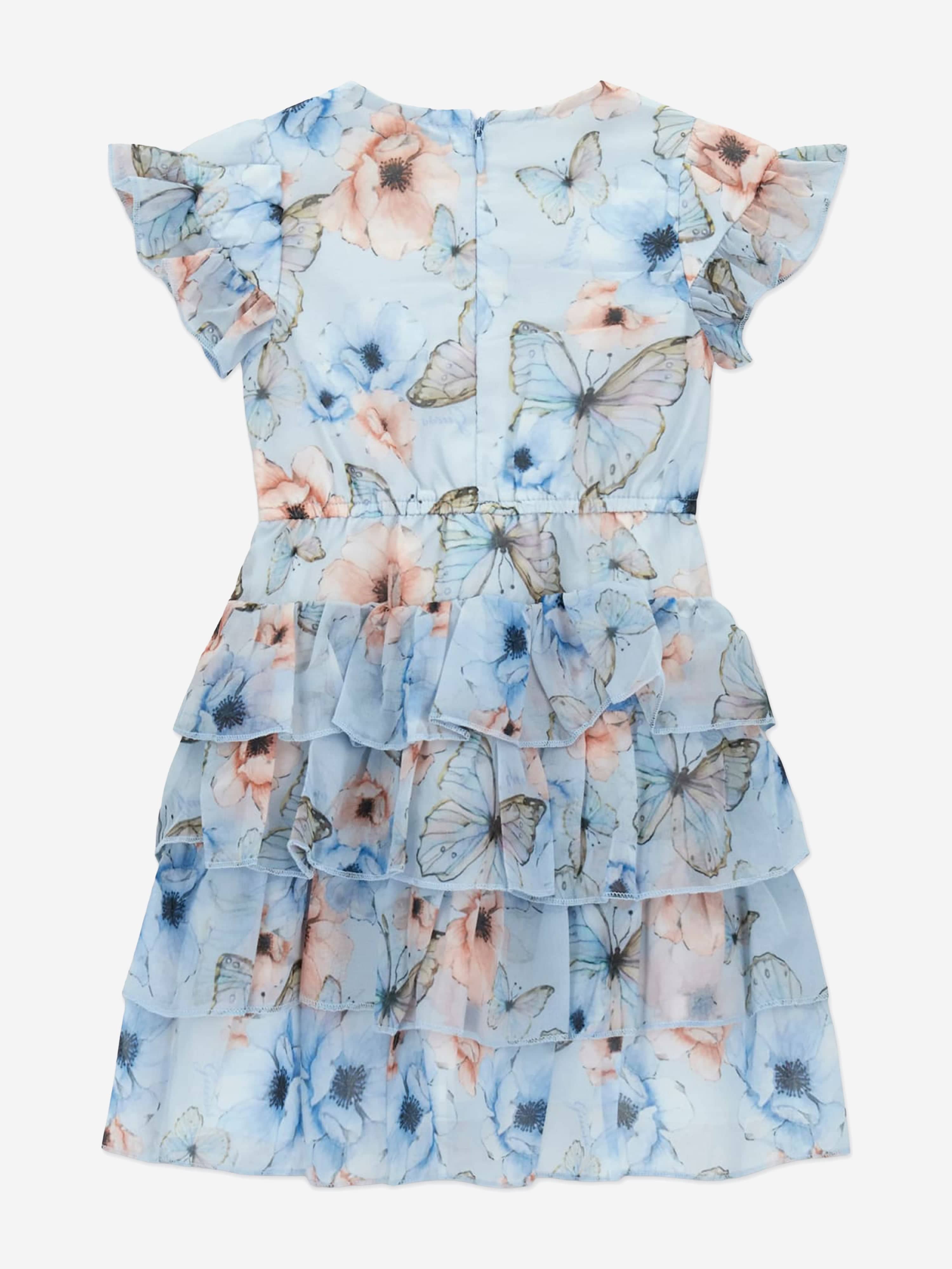 Guess Girls Butterfly Collage Chiffon Dress in Blue