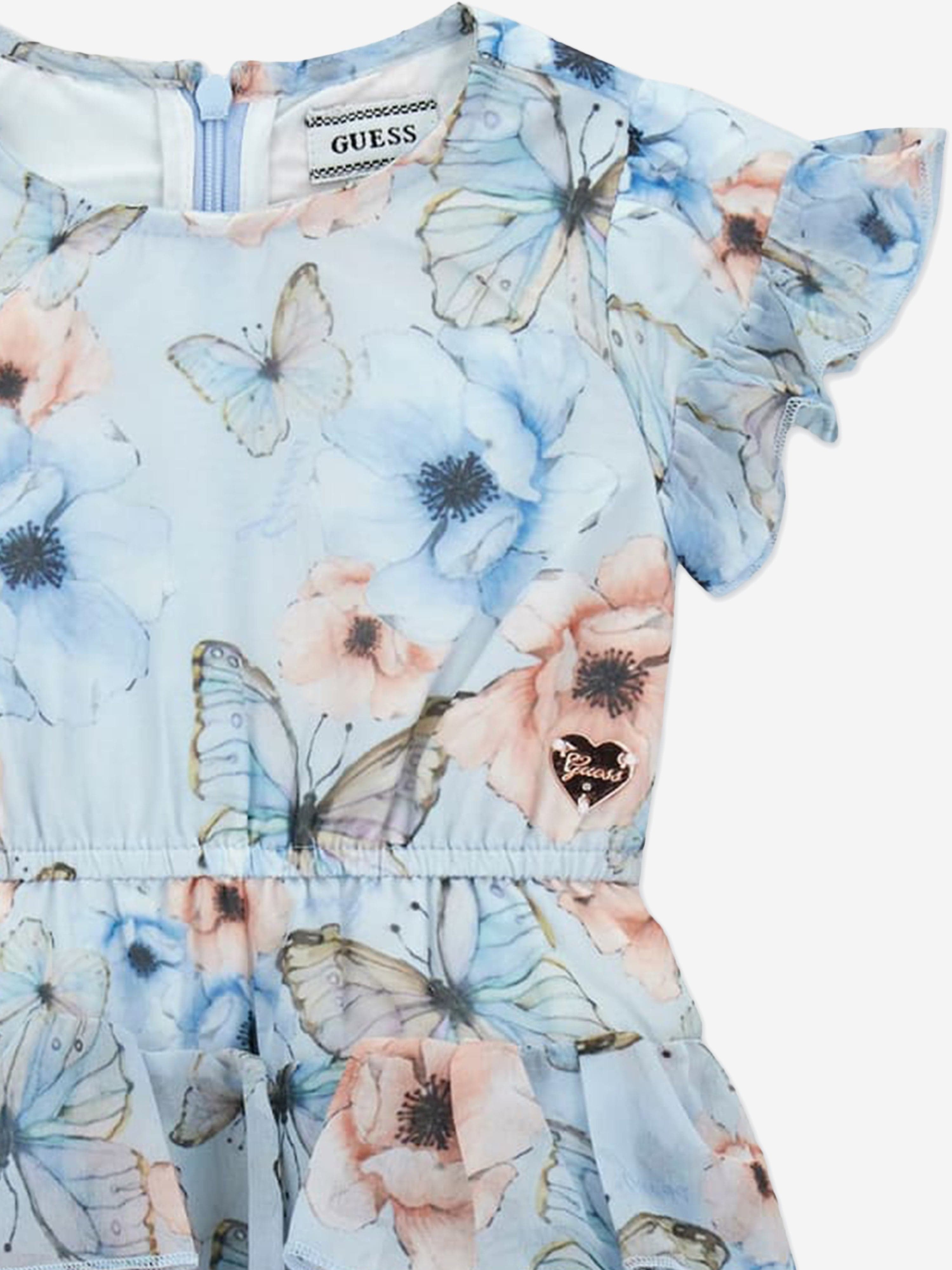 Guess Girls Butterfly Collage Chiffon Dress in Blue