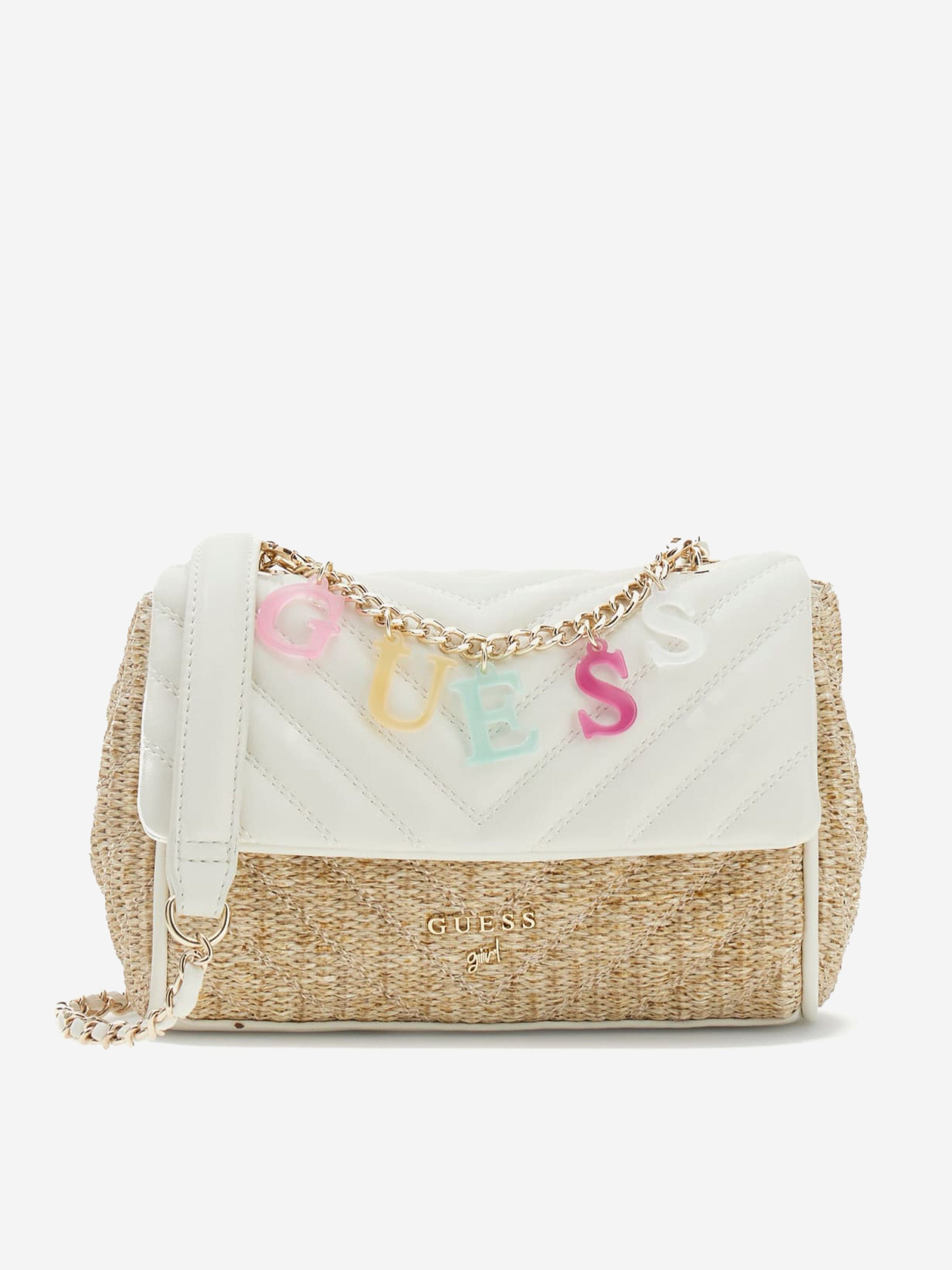 Guess Girls Straw Crossbody Flap Bag in White (21.5cm)