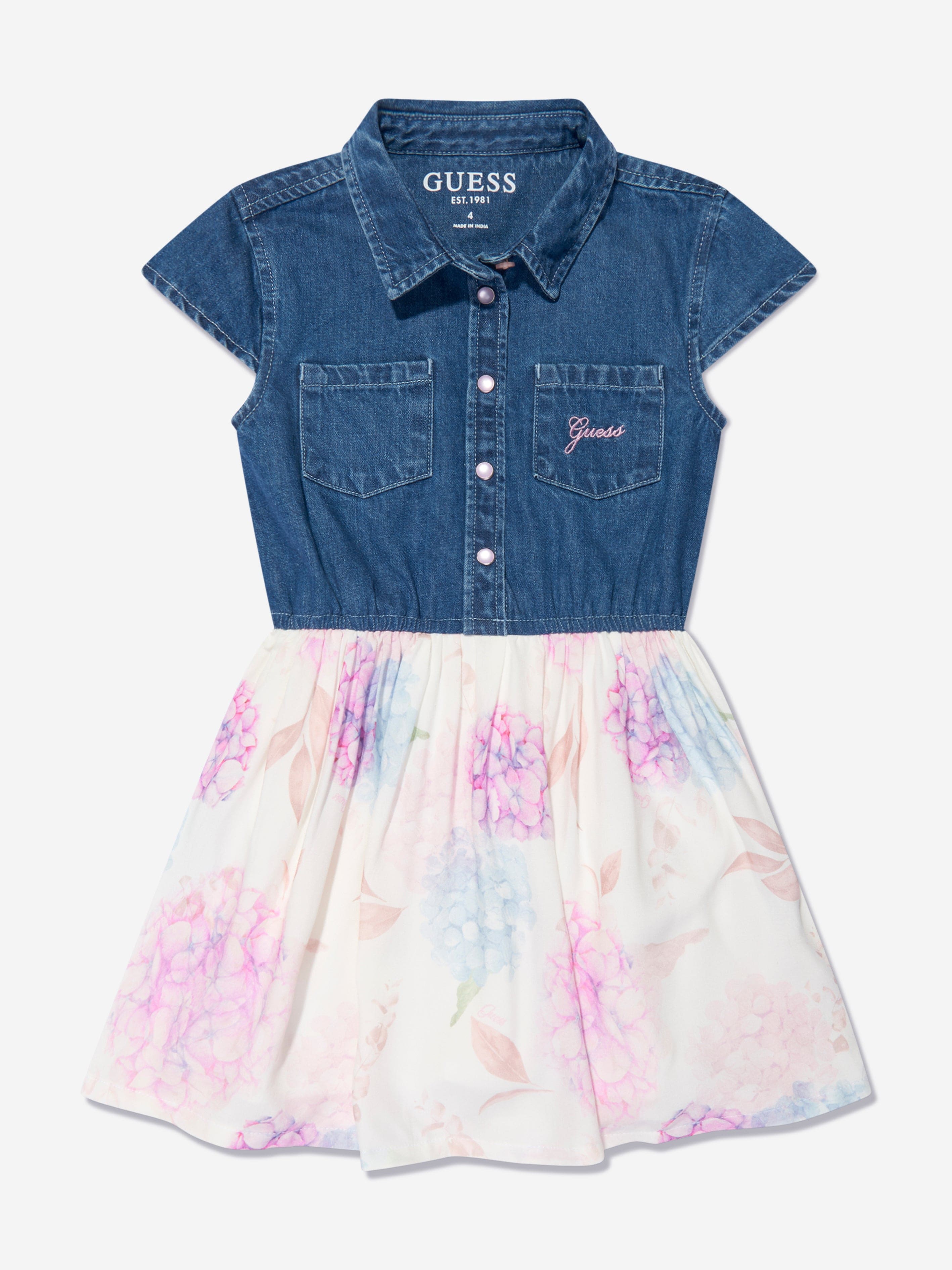 Guess Girls Chambray Floral Dress in Blue