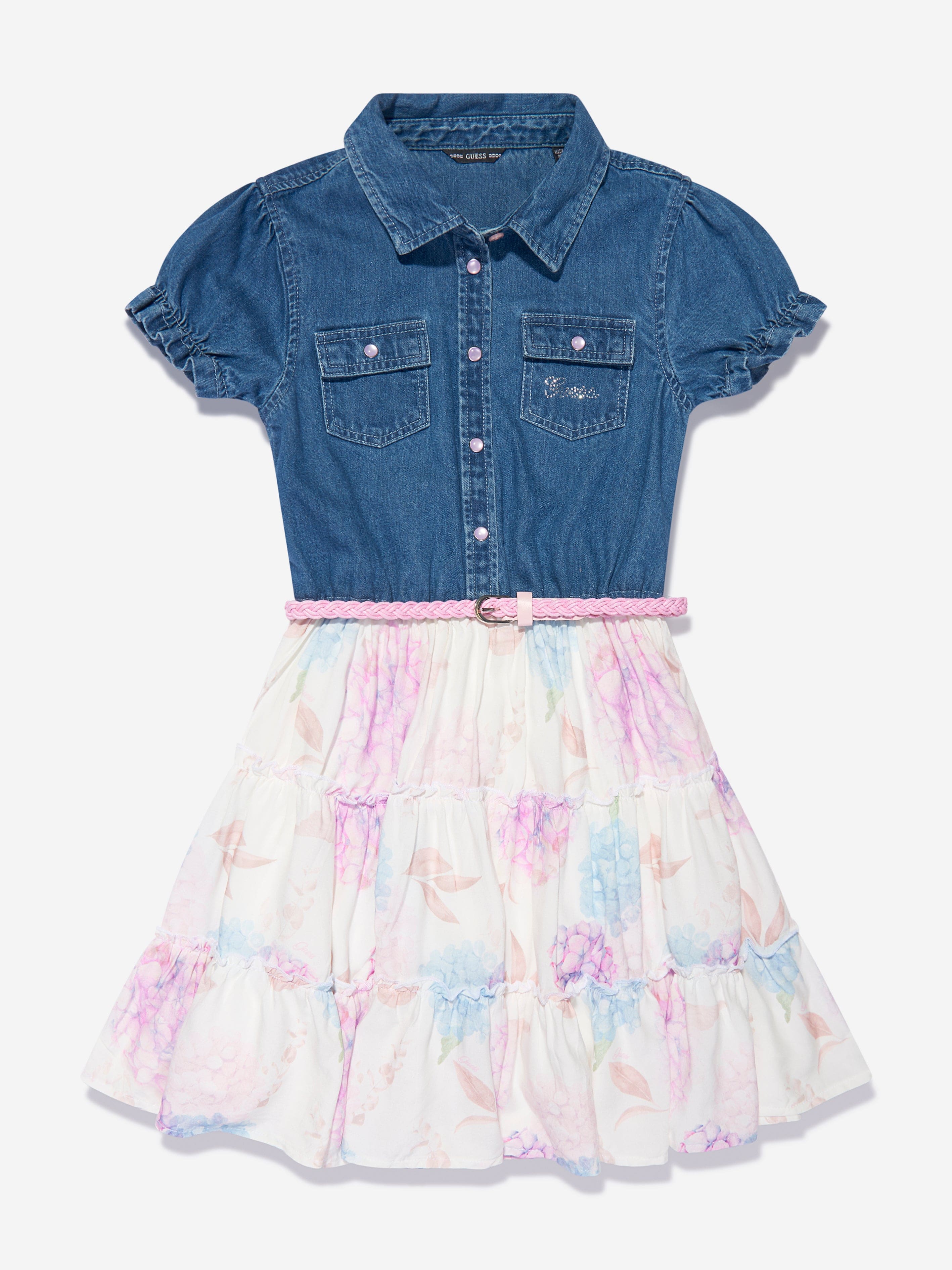 Guess Girls Chambray Floral Dress in Blue