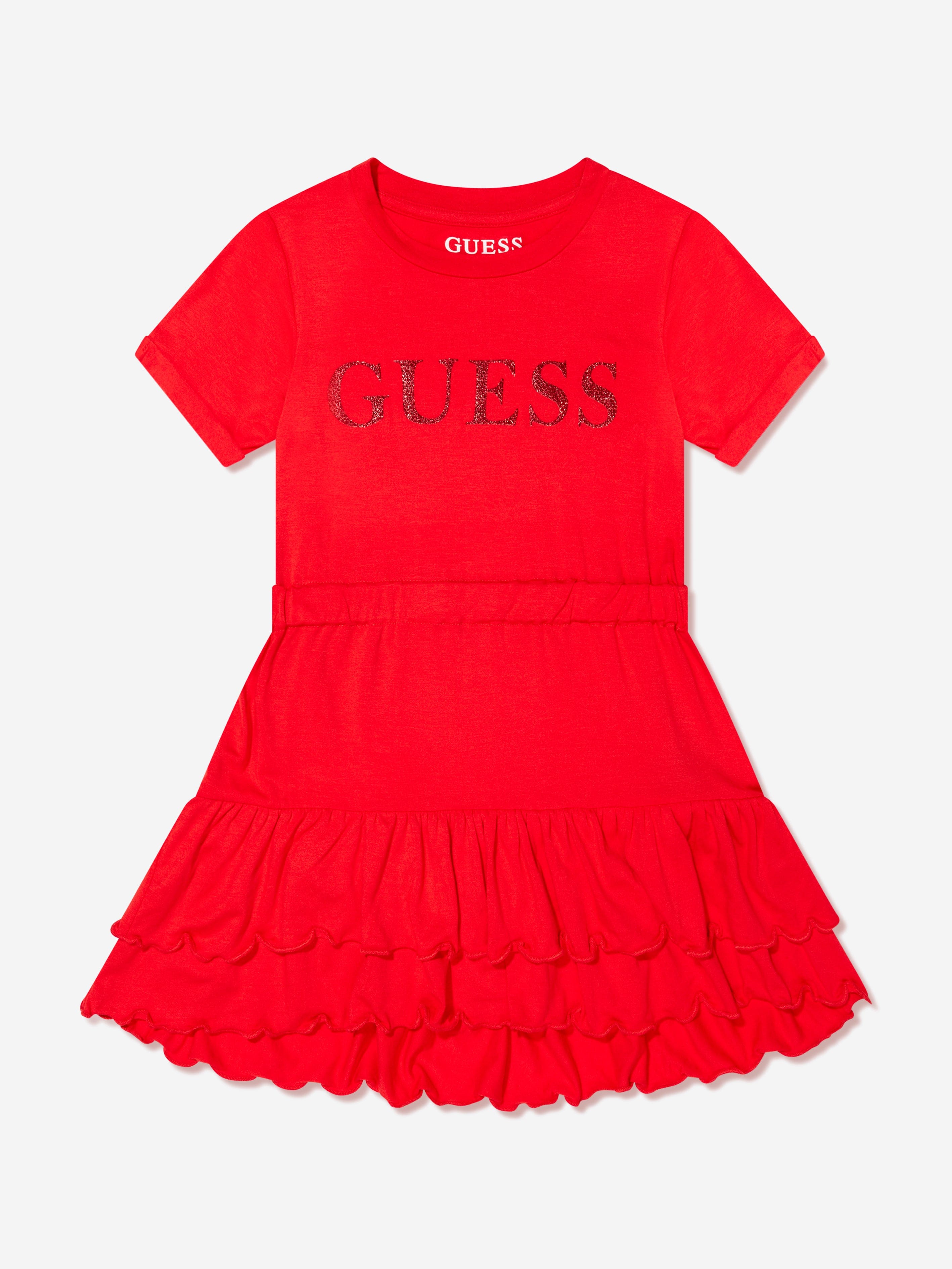 Guess Girls Short Sleeve Logo Dress in Red